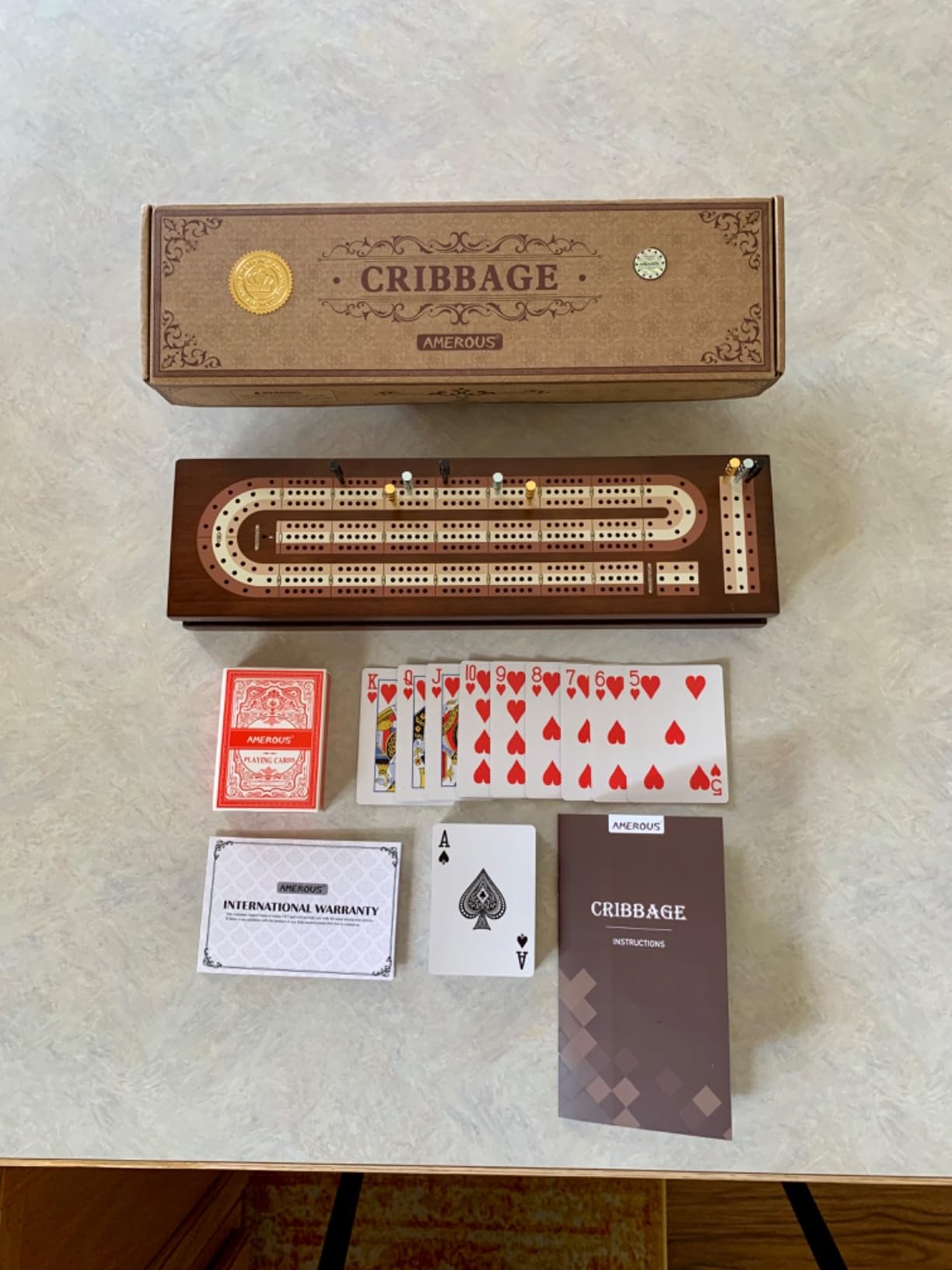 AMEROUS Wooden Cribbage Board Game Set with Magnetic Lock - Metal Pegs - 2 Playing Cards - Continuous 3 Track Board - Larger Storage Area, Travel Portable Cribbage Game Sets for Family customer photo 1