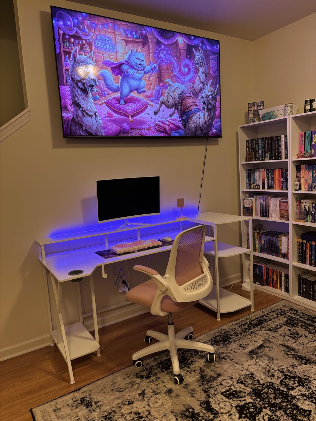 SEDETA Gaming Desk 70.8'' with LED Lights, Storage Shelves, Power Outlets | Computer Desk with Monitor Stand and Cup Holder, Large PC Gamer Desk, Gaming Table for Bedroom, Living Room, Black customer photo 1