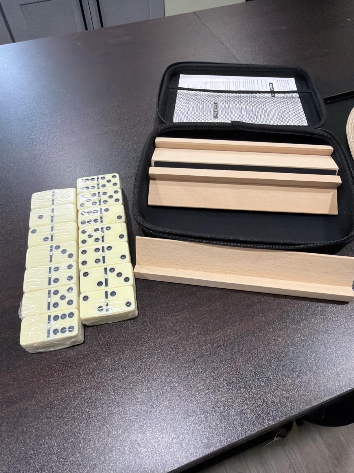 Dominoes Set Adults with 4 Wooden Racks/Trays Double Six Dominoes Travel Set with Portable Case Double 6 Dominoes Set with 4 Tiles Holders 28 Tiles Dominos Set Family Classic Board Games White customer photo 2