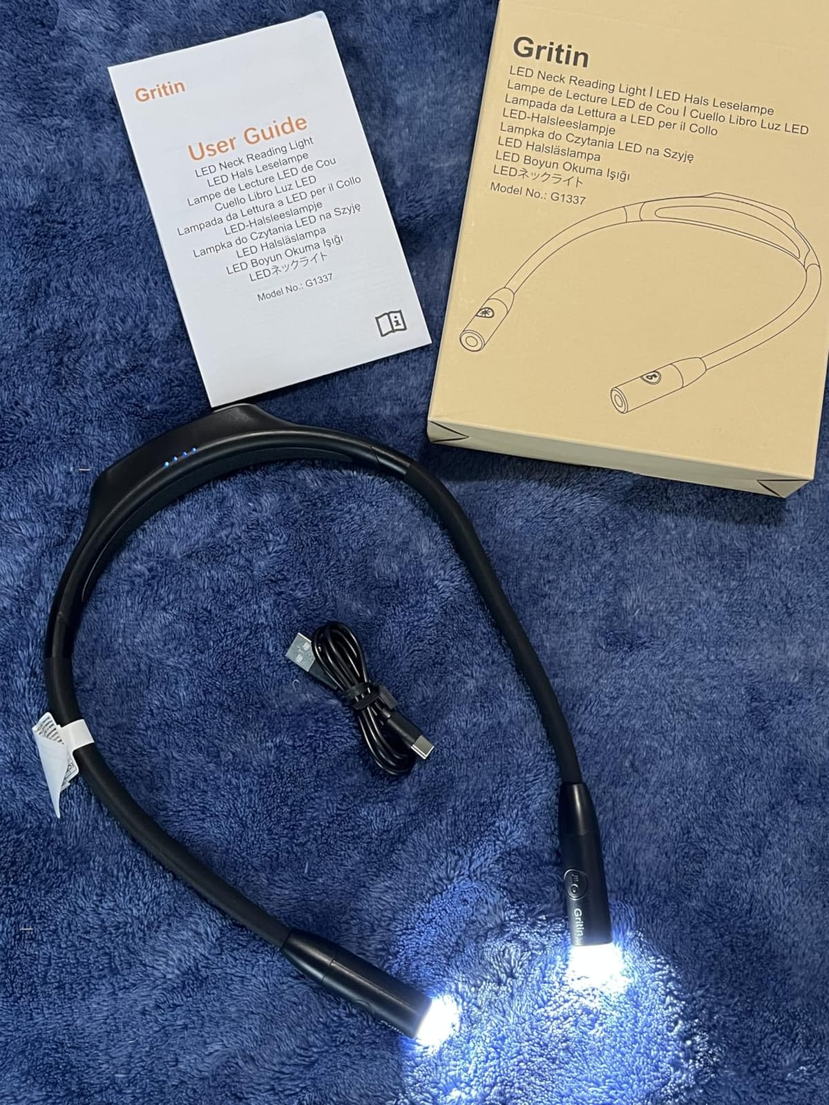 Gritin Book Light, Eye Caring 3 Colors & Dimmable Brightness Reading Light | Bendable Arms, 80+Hrs Runtime, Neck Round Design, Comfortable & Lightweight Neck Light for Reading in Bed, Crafting, Knitting customer photo 1