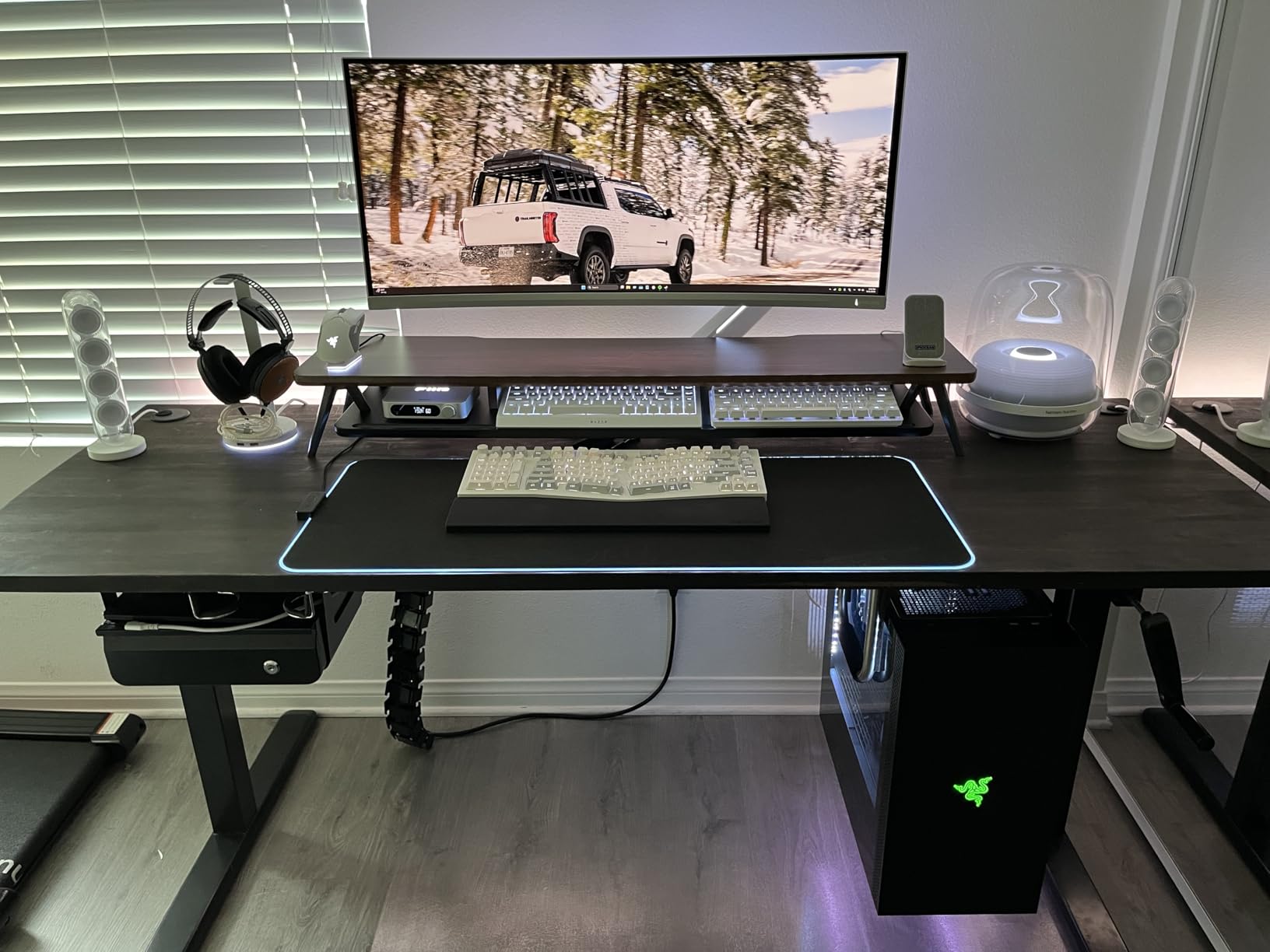 Fenge Dual Monitor Stand Riser, Wooden Desk Shelf with 2-Tier Storage | 42.5-Inch Wide, Sturdy Aluminum Legs, Built-In Phone & Tablet Slot, Desktop Organizer for Office Accessories customer photo 2