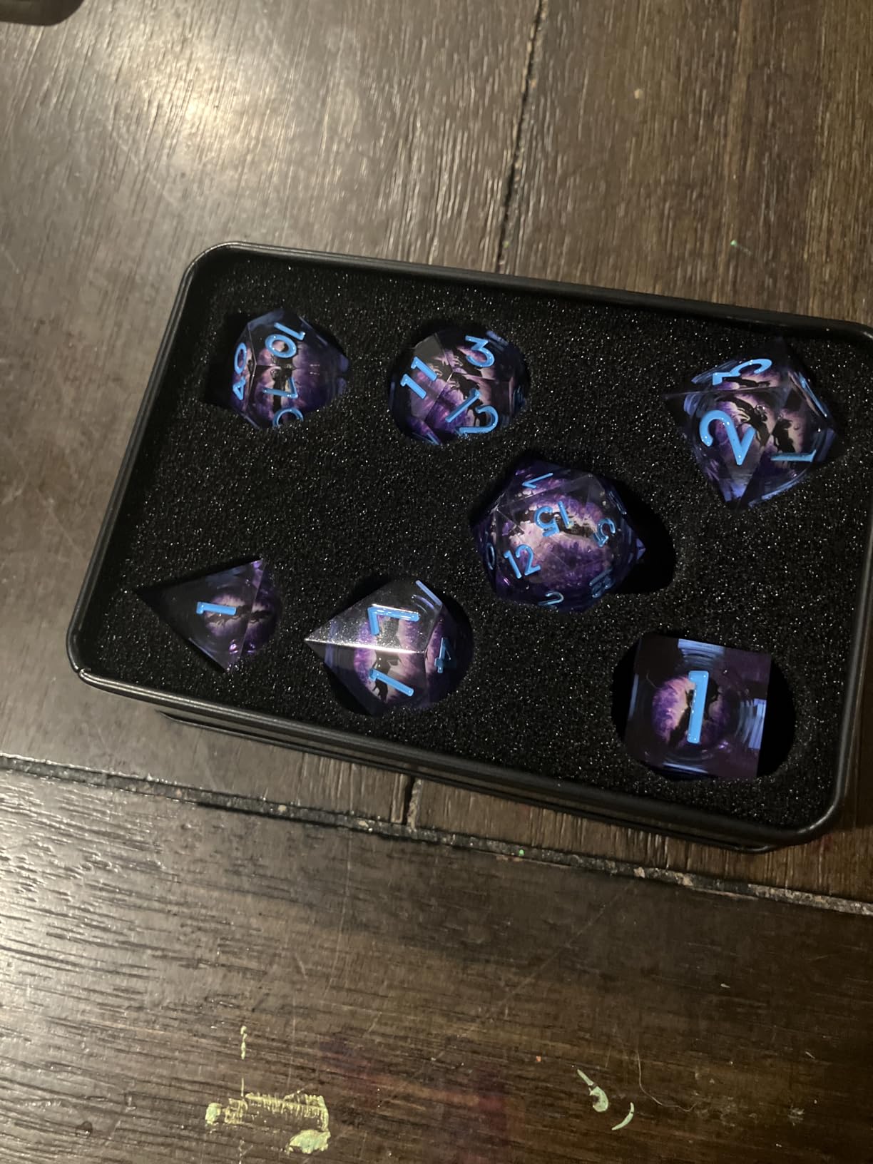 ARUOHHA DND Resin Dice Dragon Eye Dice Liquid Core Purple Sharp Edged Dice Set with Gift Box, Dungeons Polyhedral D and D Dice Set Compatible with D&D Role Playing Game D20 D12 D10 D8 D6 customer photo 1
