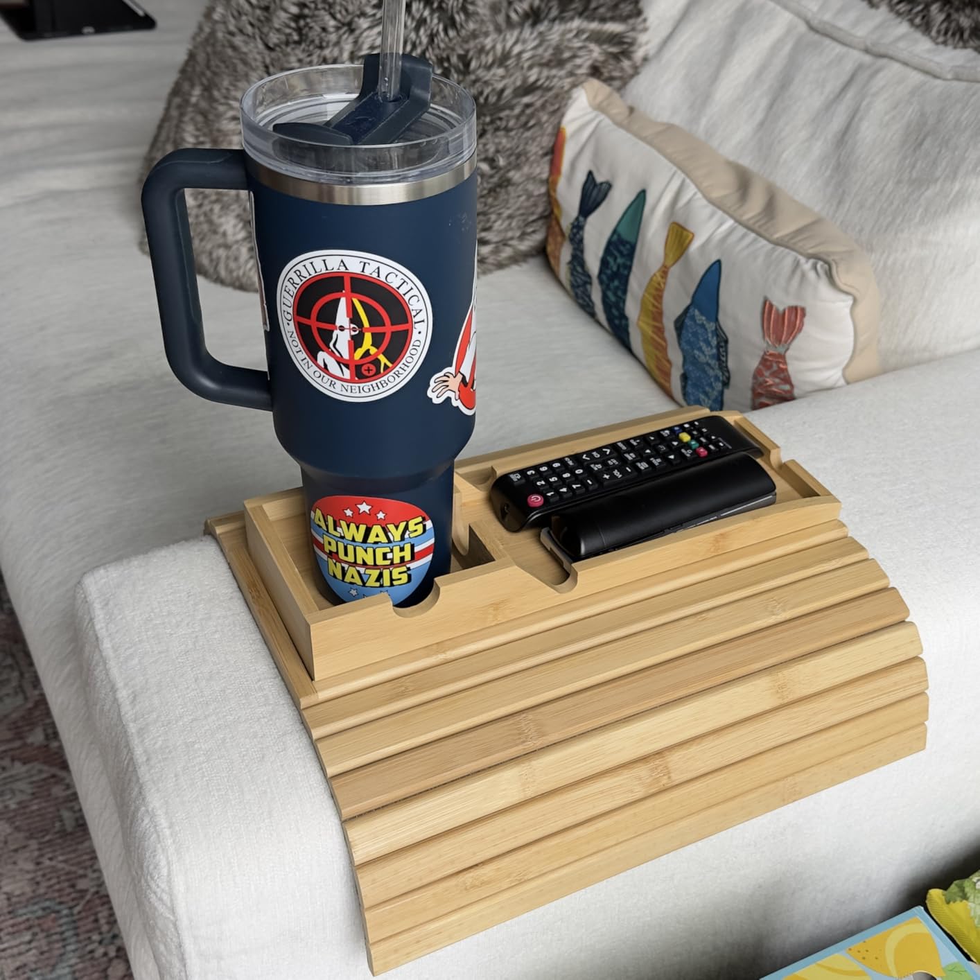 Bestjing Bamboo Couch Armrest Table with Cup Holder Tray | 2 in 1 Anti-Slip Foldable Sofa Armchair Caddy Table for Drinks Cellphone TV Remote Snacks customer photo 1