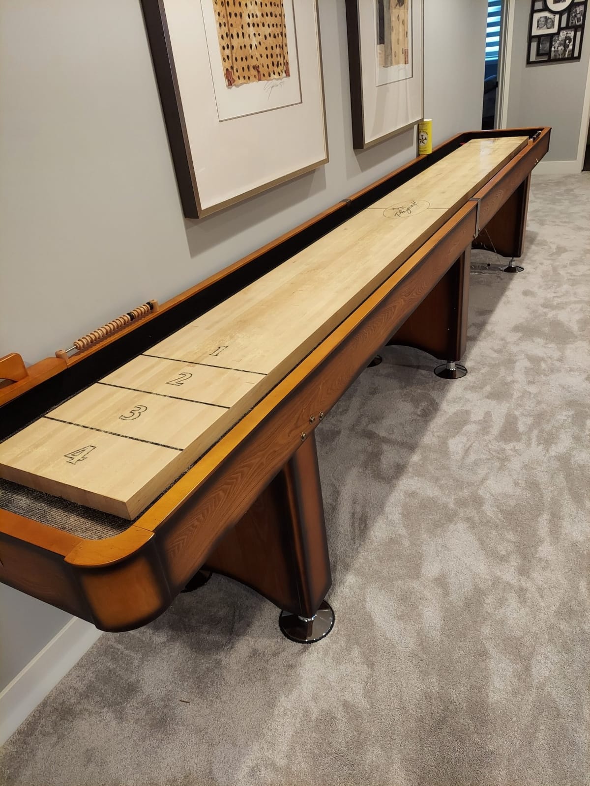 Playcraft Georgetown Shuffleboard Table with Storage Cabinet - Shuffle Board Game Table with Matching Abacus, 8 Pucks, Brush & Wax - Pro Climate Adjusters - Hand-Stained Burnished Finish customer photo 2