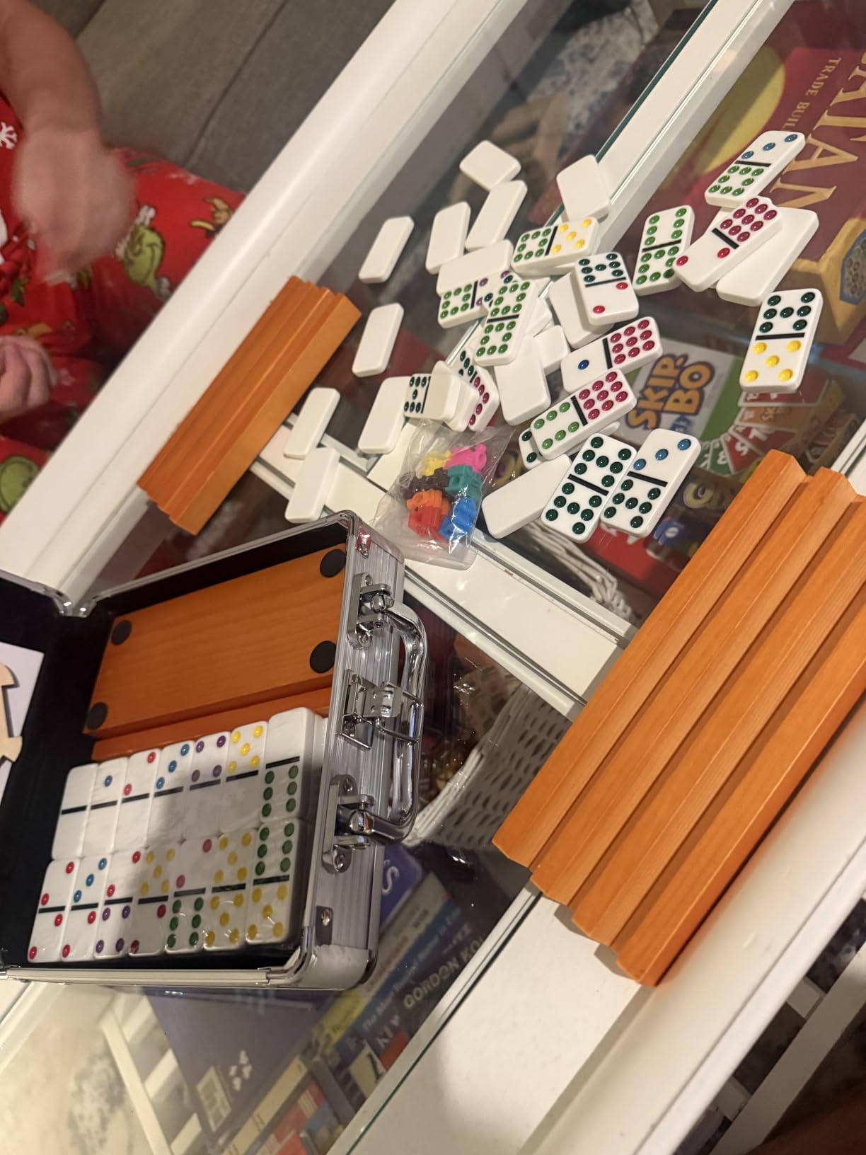 Mexican Train Dominoes Set with 4 Holders - Dominoes Double 12 with Wooden Hub and Tiles Holders customer photo 1