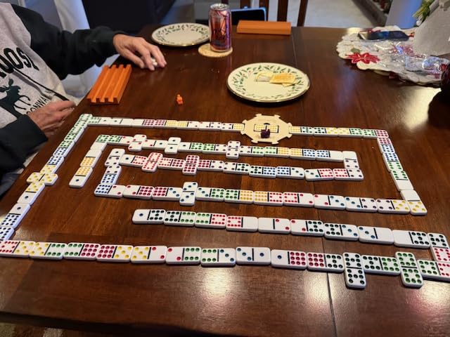 Mexican Train Dominoes Set with 4 Holders - Dominoes Double 12 with Wooden Hub and Tiles Holders customer photo 2