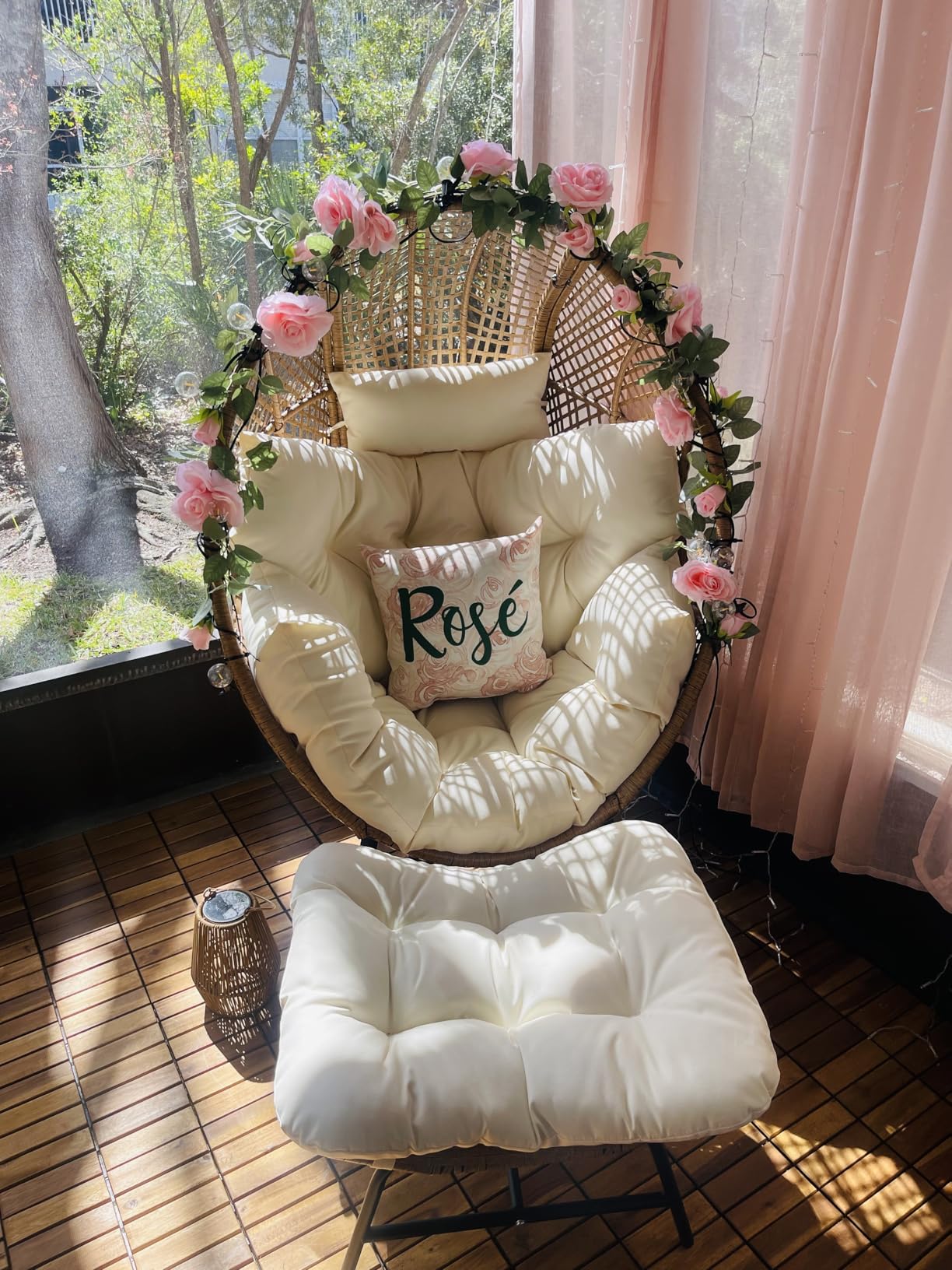 NICESOUL Wicker Egg Chair with Ottoman, Indoor Outdoor Egg Basket Lounge Chair w/Cushion, Oversized Egg Seat with Legs 440 Lbs, Comfy Cozy Boho Style Nest Chair w/Footrest for Patio, Balcony, Beige customer photo 1