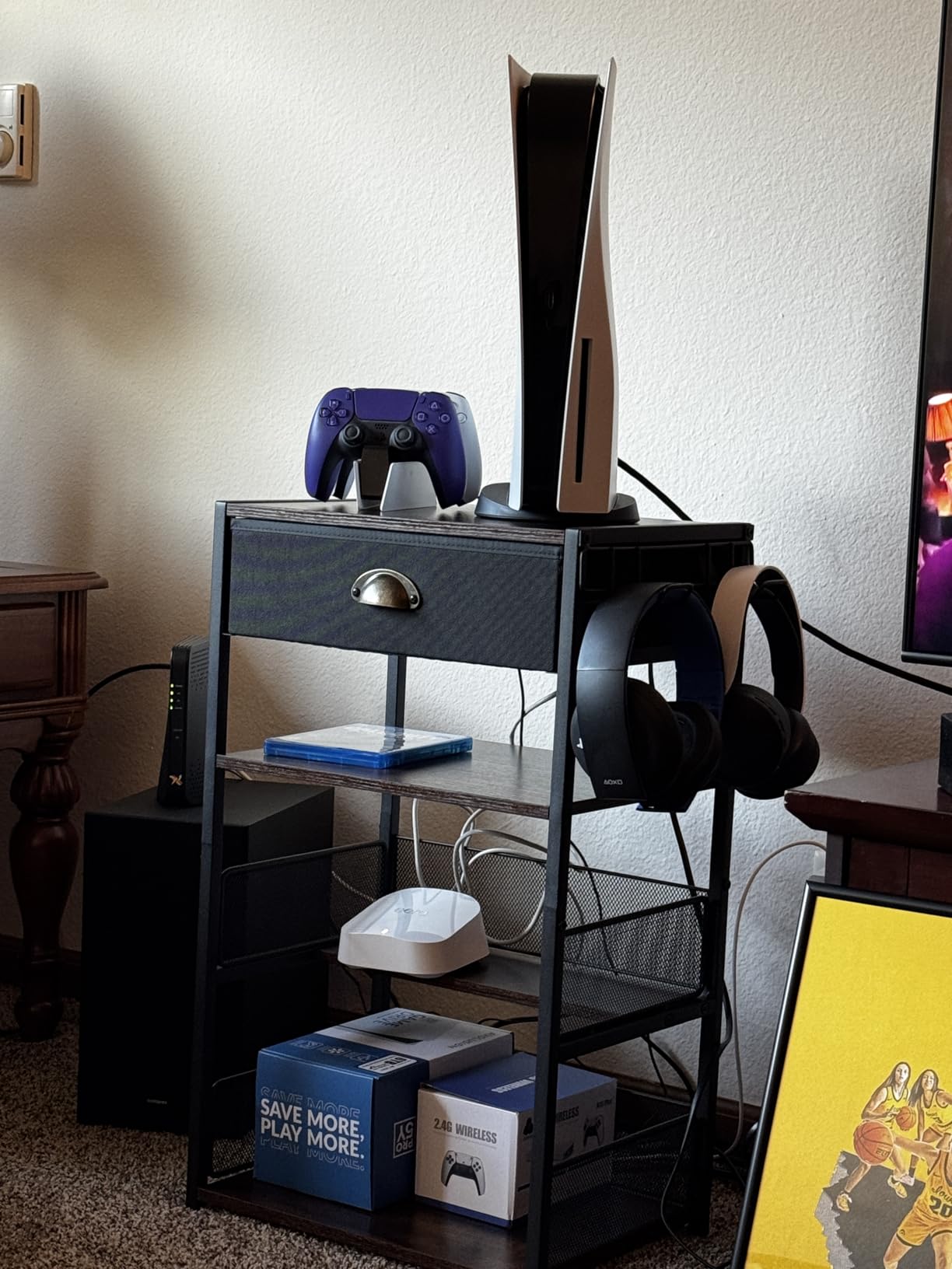 Hongtamoya 4-Tier AV Media Stand with Drawer, Gaming Console Shelf | Audio Rack Tower with 2 Hooks for PS5, Xbox, Switch, DVD Player, Record Player, Projector and TV Accessories Storage customer photo 2