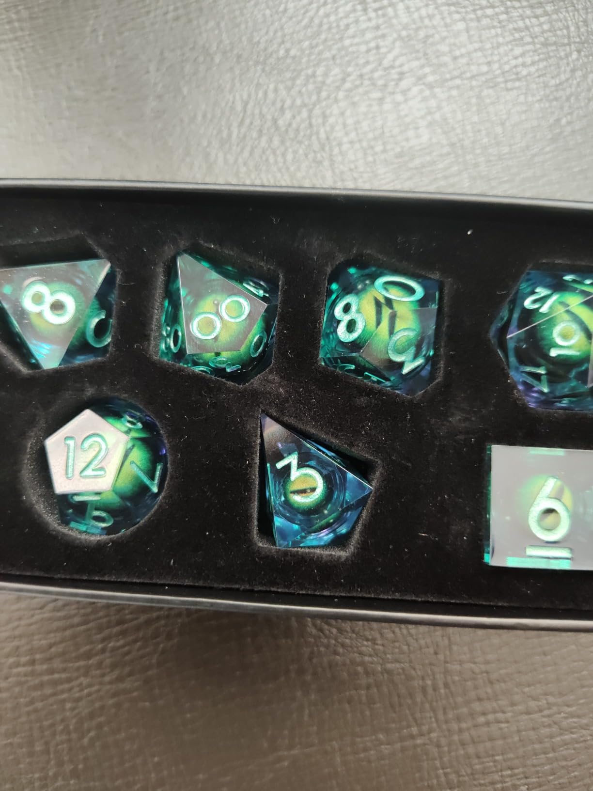 Beholder's Dragon Eye DND Dice Set, Sharp Edge Liquid Core Resin Handmade Cat Eye Dice with Gift Box, 7 PCS customer photo 1