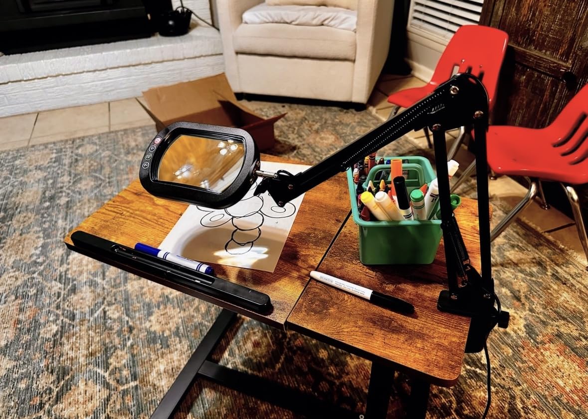 Drdefi 12X Square Magnifying Glass with Light and Stand, Real Glass LED Lighted Magnifier, 5 Color Modes Stepless Dimmable, Hands-Free Mag Desk Lamp with Clamp for Reading Craft Hobby Close Work customer photo 2