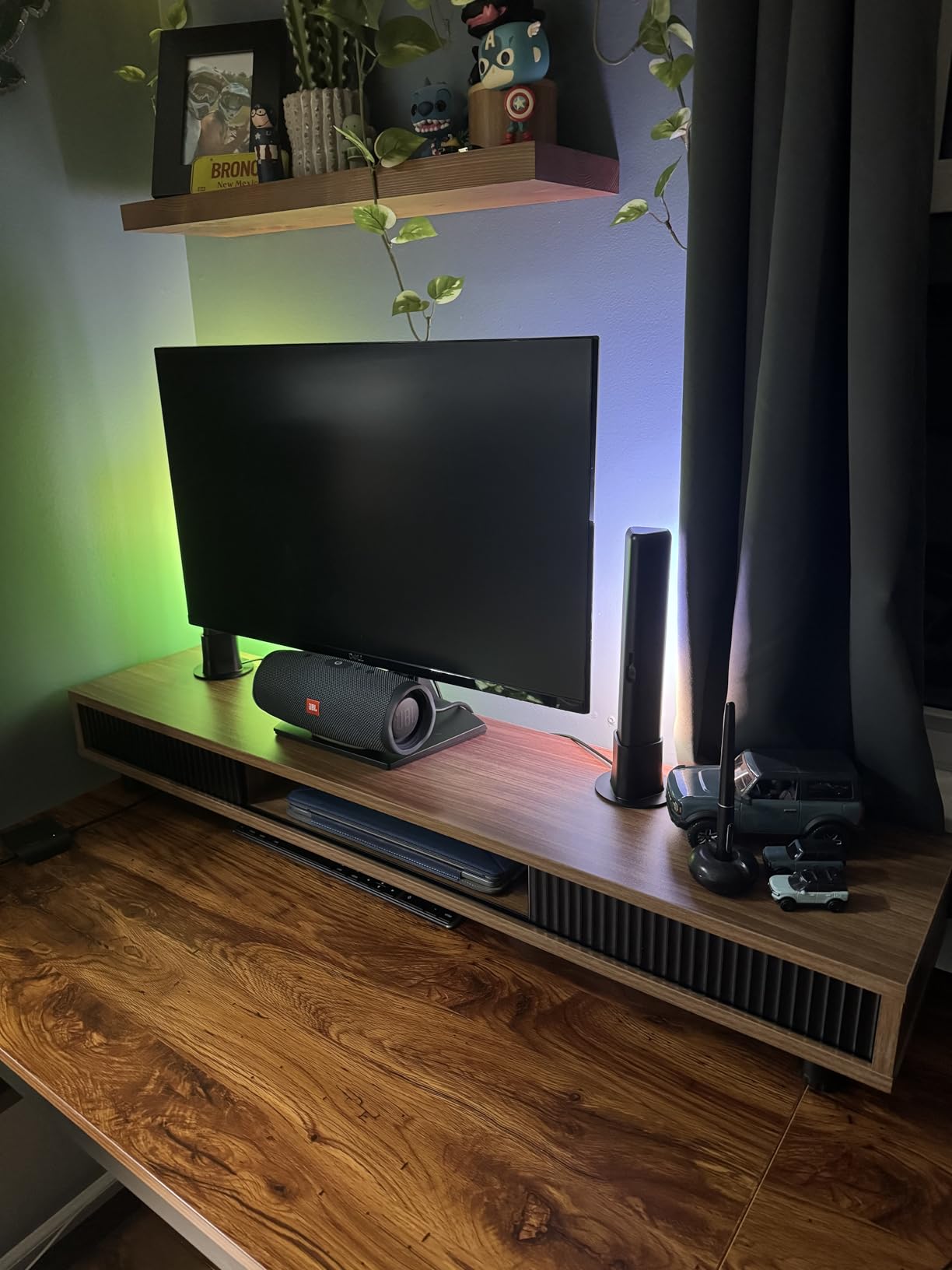 Fenge Dual Monitor Stand with Storage, Desk Shelf with Glass Sliding Door | Ergonomic Height Adjustment, 42.5in Monitor Shelf, 2-Tier Monitor Riser, Desk Organizer for Screen, PC, Laptop, Brown customer photo 1