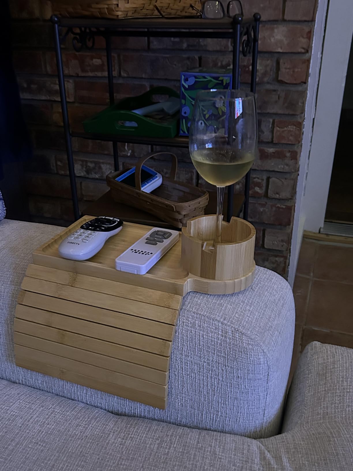 GHKINMAL Couch Cup Holder Tray, 3 in 1 Couch Arm Trays, Large Bamboo Chair Arm Rest Tray with 360° Cup Holder, Removable Anti-Slip Organizer for Snack Eating customer photo 1