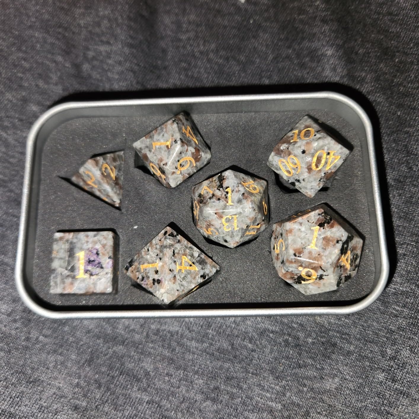 Premium Obsidian DND Dice Set with Celtic Knot Engravings - 7 Piece Polyhedral Gemstone Dice for Dungeons and Dragons, RPG, Tabletop Games - Black with Gold Numbers (Glass, Grey) customer photo 1