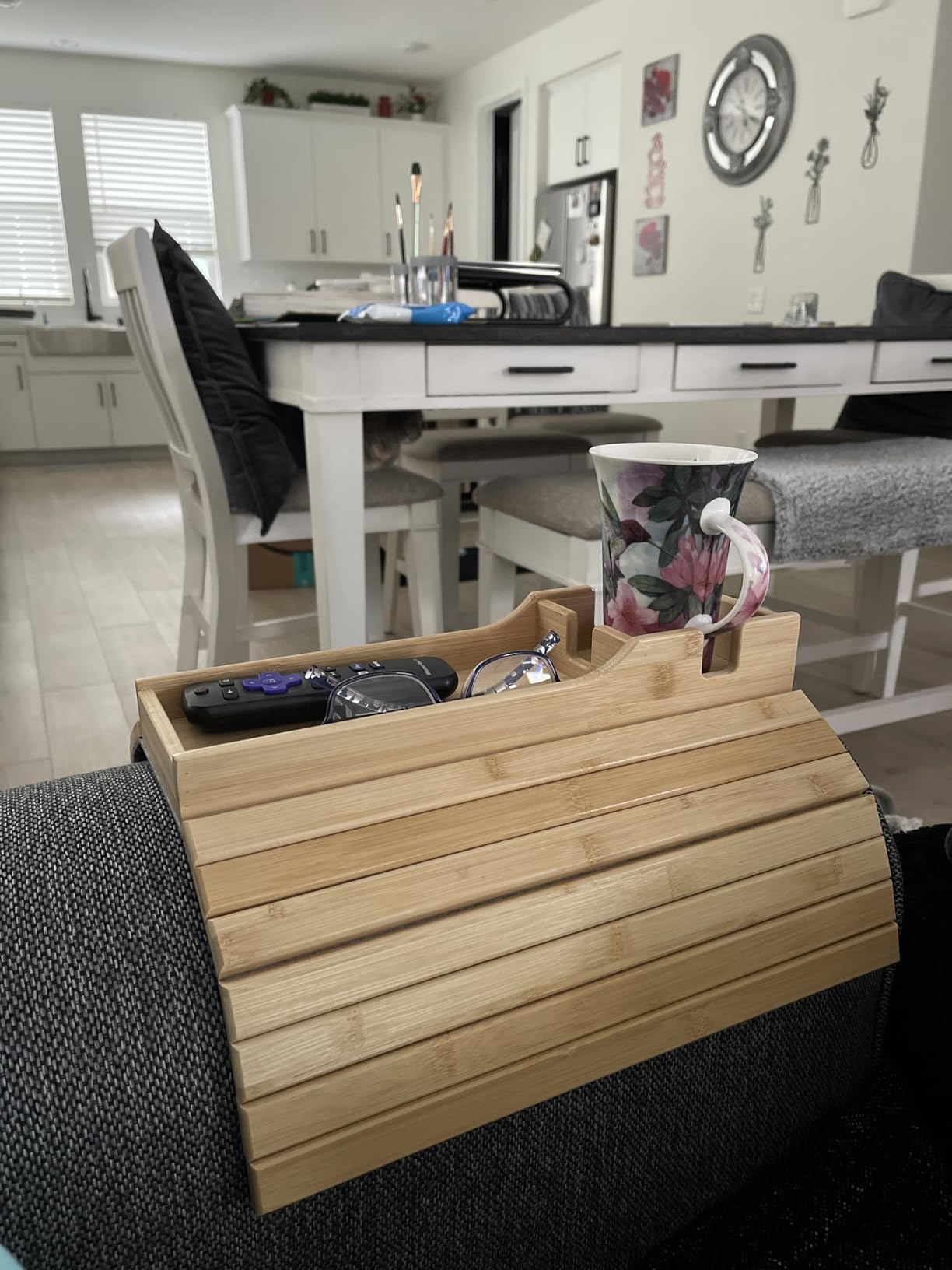SpaceAid Bamboo Couch Cup Holder, Anti Falling Foldable Sofa Armrest Tray with Cup Holder, Couch Arm Side Table Organizer for Drink Cup Remote Snacks (Natural) customer photo 1