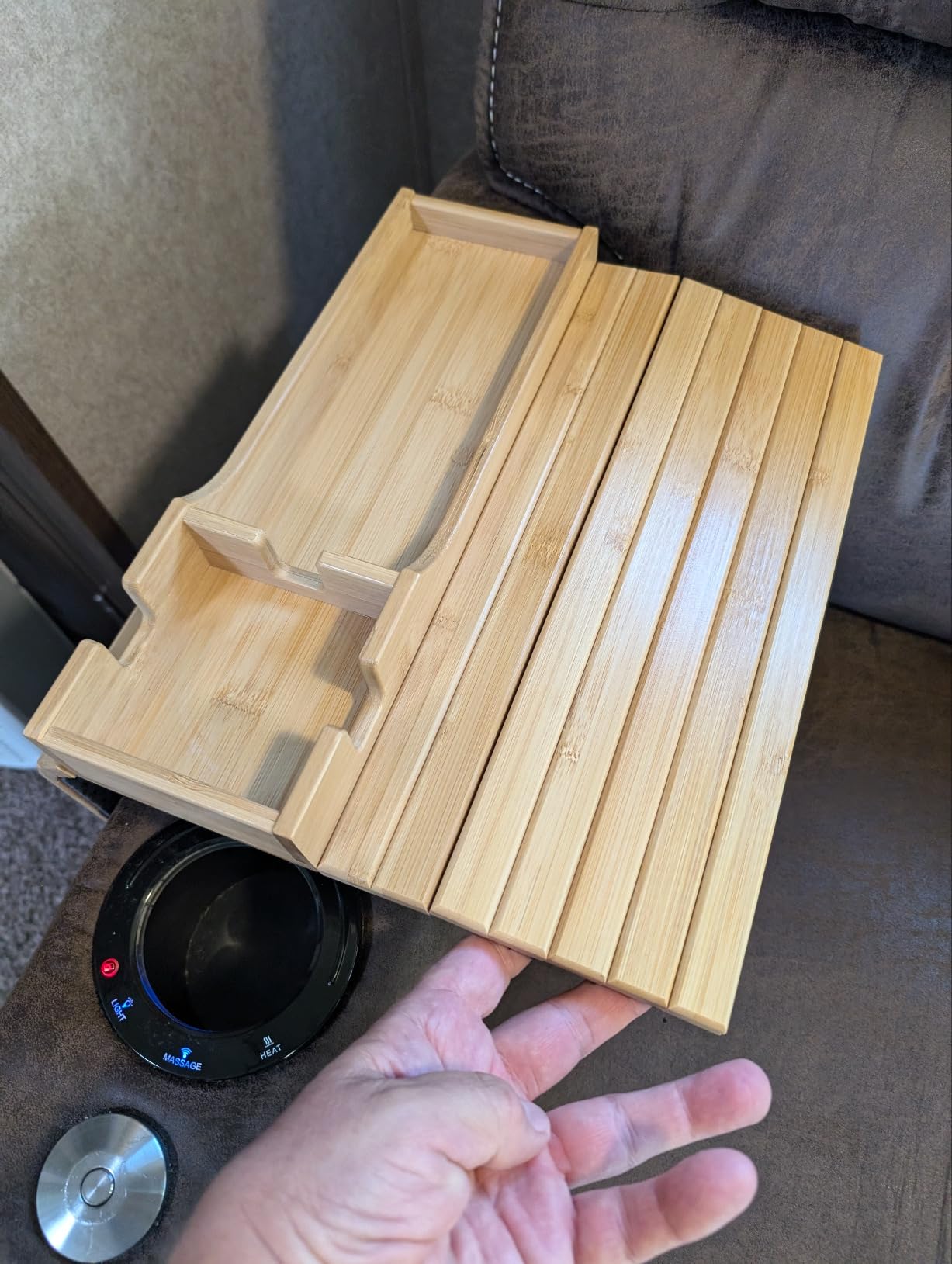 SpaceAid Bamboo Couch Cup Holder, Anti Falling Foldable Sofa Armrest Tray with Cup Holder, Couch Arm Side Table Organizer for Drink Cup Remote Snacks (Natural) customer photo 2