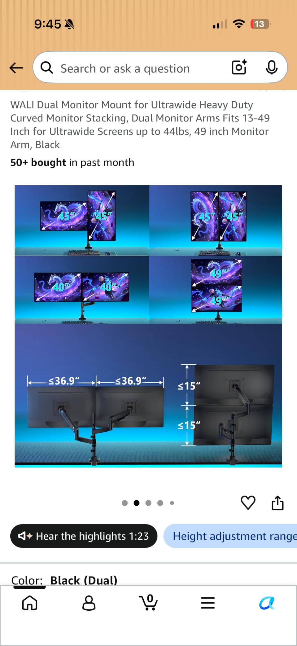ARES WING Stacked Dual Vertical Monitor Arm with USB A/C for 17 to 49 Inch | Pro Gas Spring, Aluminum Material, Flexible Screen Layouts, for 75/100 Vesa Mount, Hold 44 Lbs Each Arm, for Samsung Monitor customer photo 2