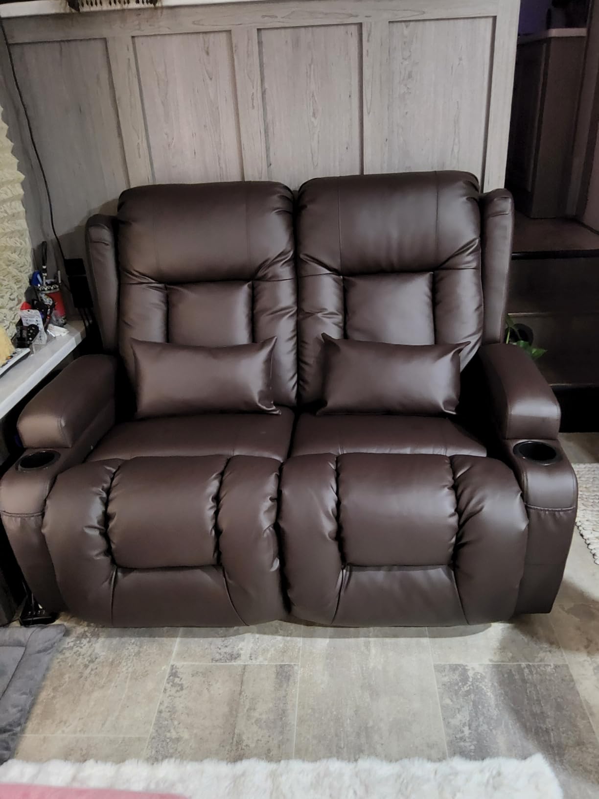 URRED Power Loveseat Recliner Sofa with Massage and Heat, Black | Wall Hugger Reclining Loveseat with Console, RV Couch Home Theater Seating with LED Lights for Living Room, Faux Leather customer photo 2
