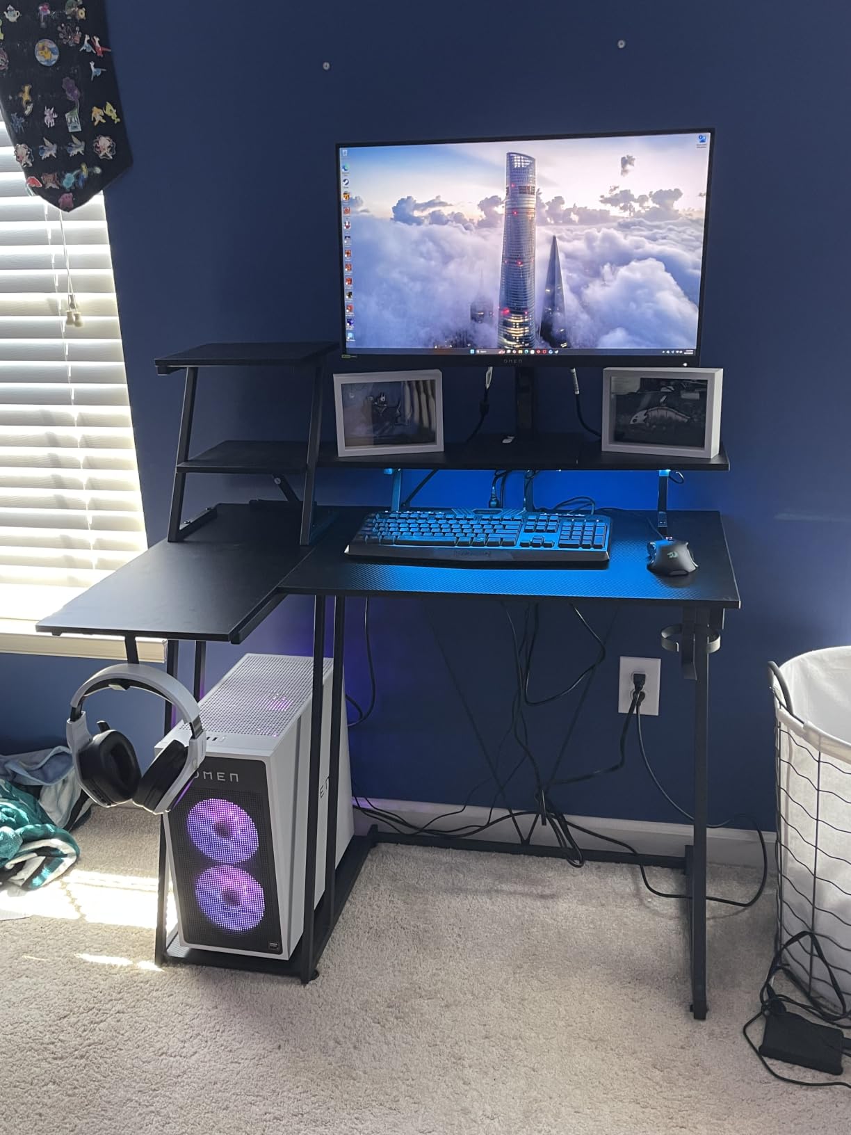 Korfile 40 Inch Gaming Desk with LED Lights & Power Outlet, L Shaped Computer Gaming Table with Storage Shelves, Reversible Corner Desk with Monitor Stand for Home Office, Carbon Fiber Black | L Shaped Computer Gaming Table, Reversible Corner Desk, Storage Shelves, Monitor Stand, for Home Office & Gaming Room customer photo 2