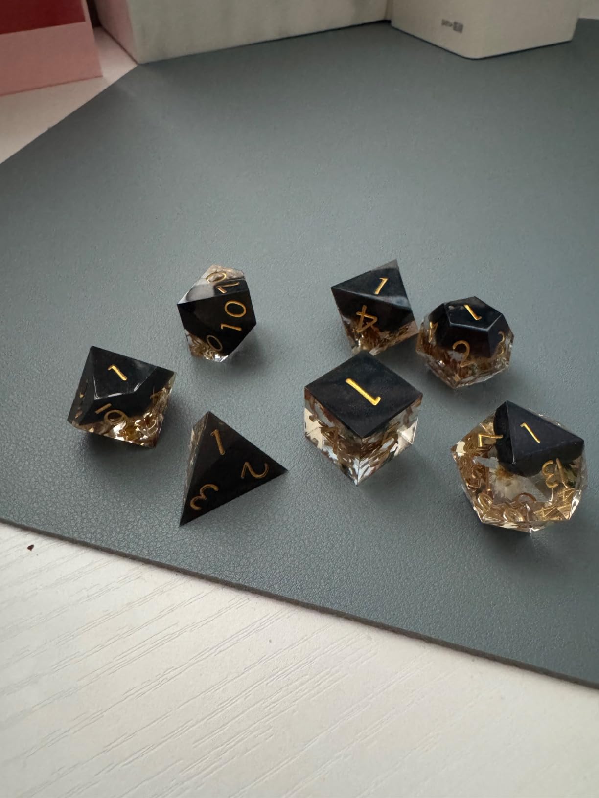 Haxtec Flower DND Dice Set, Black Sharp Edge Resin Polyhedral Dice with Yellow Floral Design, Metal Case customer photo 1