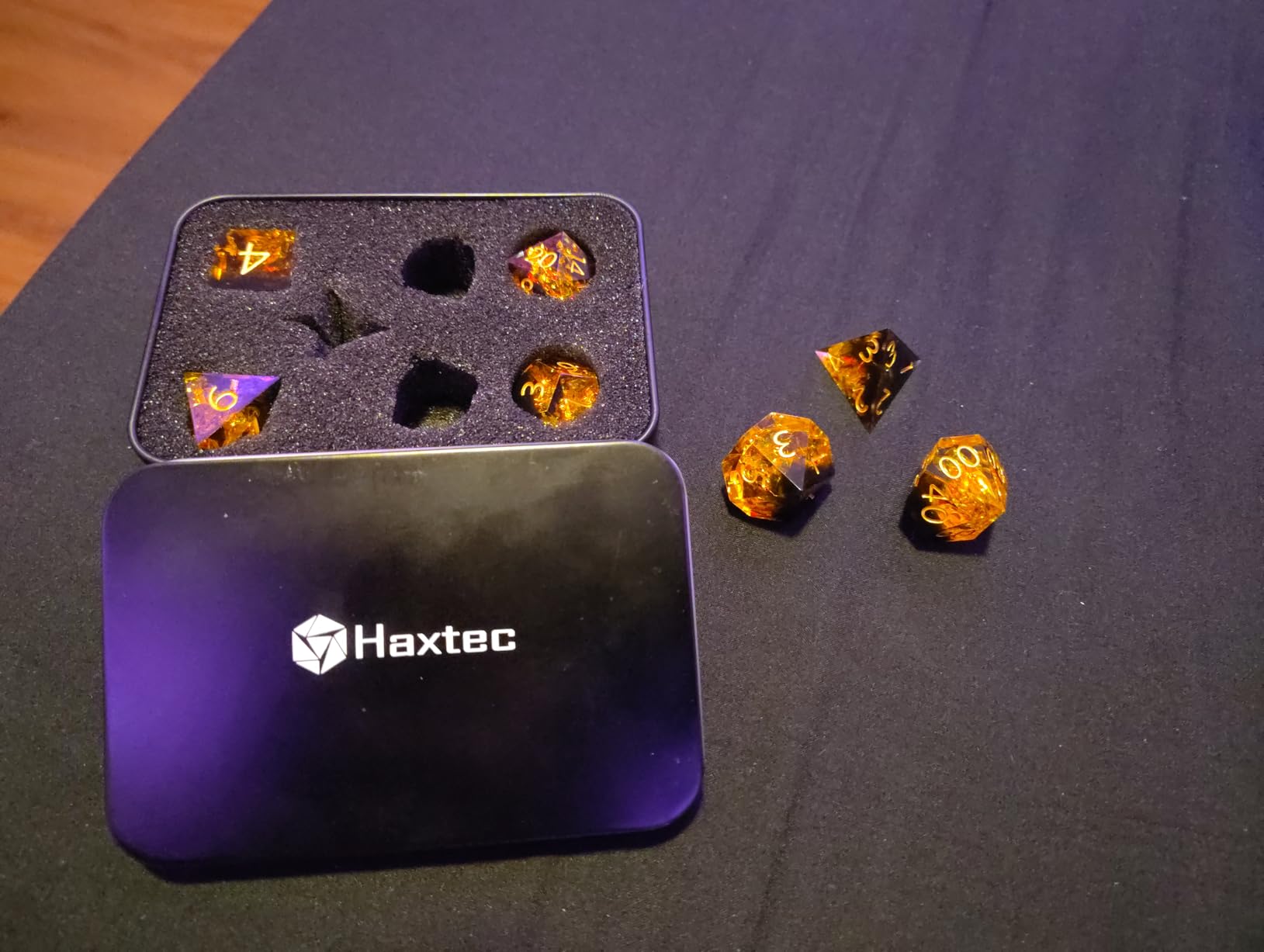 Haxtec Flower DND Dice Set, Black Sharp Edge Resin Polyhedral Dice with Yellow Floral Design, Metal Case customer photo 2