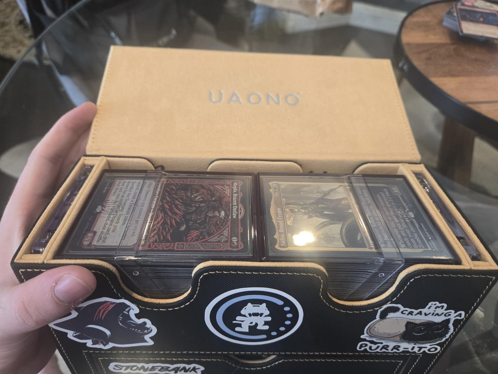 UAONO 3-in-1 MTG Commander Deck Box, Black Gray | 2 Magnetic Card Holders & 1 Dice Tray, Fits 200 Double Sleeved, Card Organizer Compatible with Magic the Gathering customer photo 1