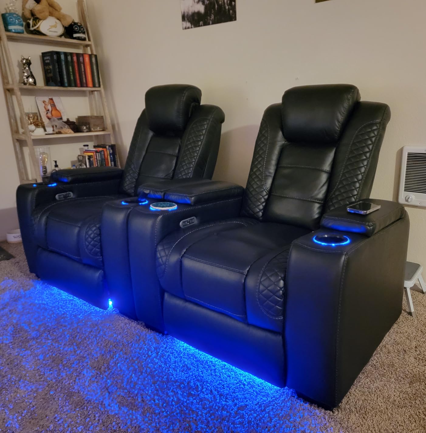 ANJ Power Home Theater Seating, PU Leather Electric Recliner Chair with Adjustable Headrest, Dual Motors Movie Reclining Chairs with LED Lights,USB Port, Cup Holders, Hidden Arm Storage (Brown) customer photo 2