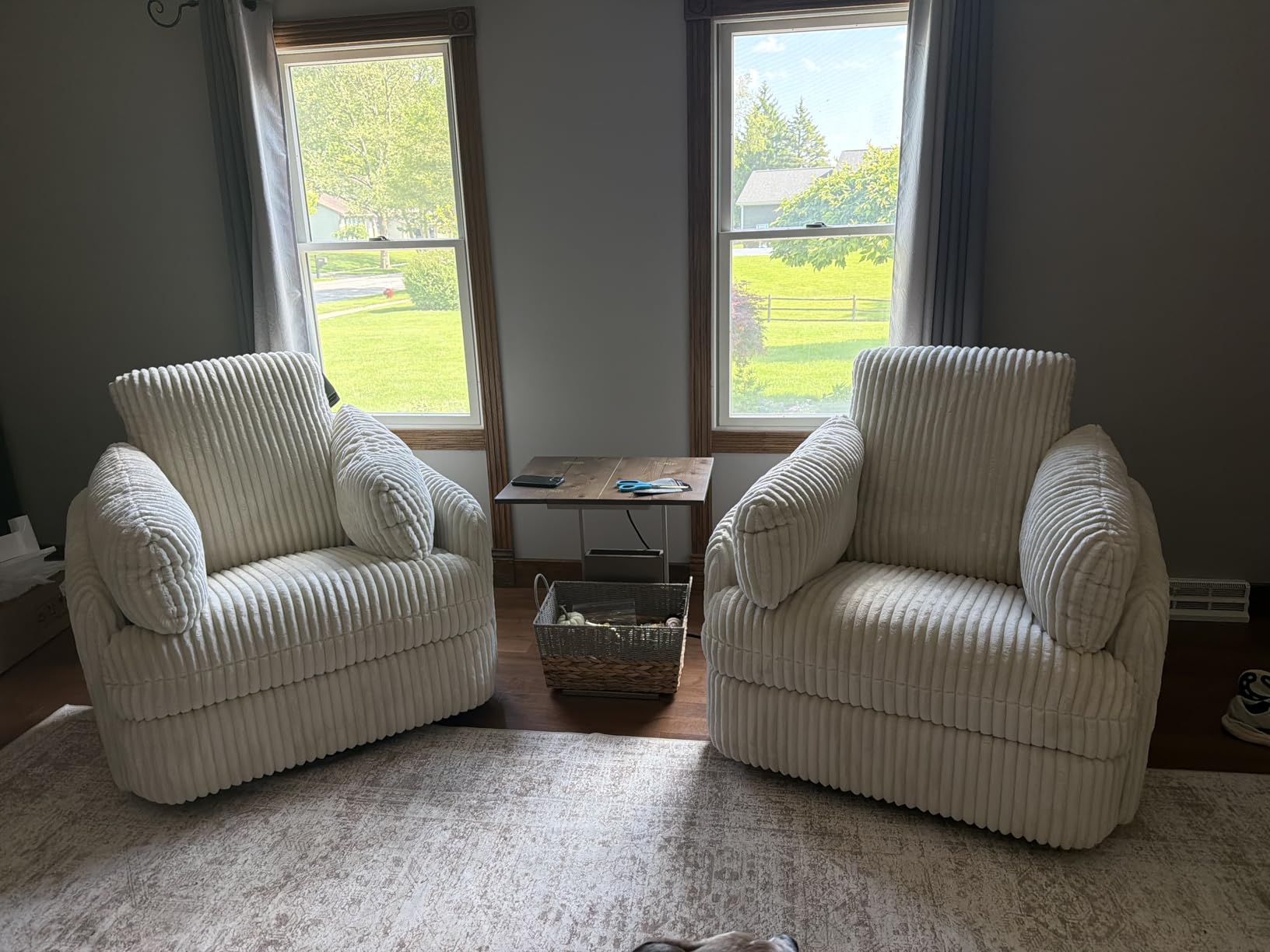 Signature Design by Ashley Oversized Swivel Glider Recliner, Ivory | Hidden armrest storage, Soft polyester cord, Smooth 360-degree rotation, Rocking chair motion, Tie-Breaker Series customer photo 1