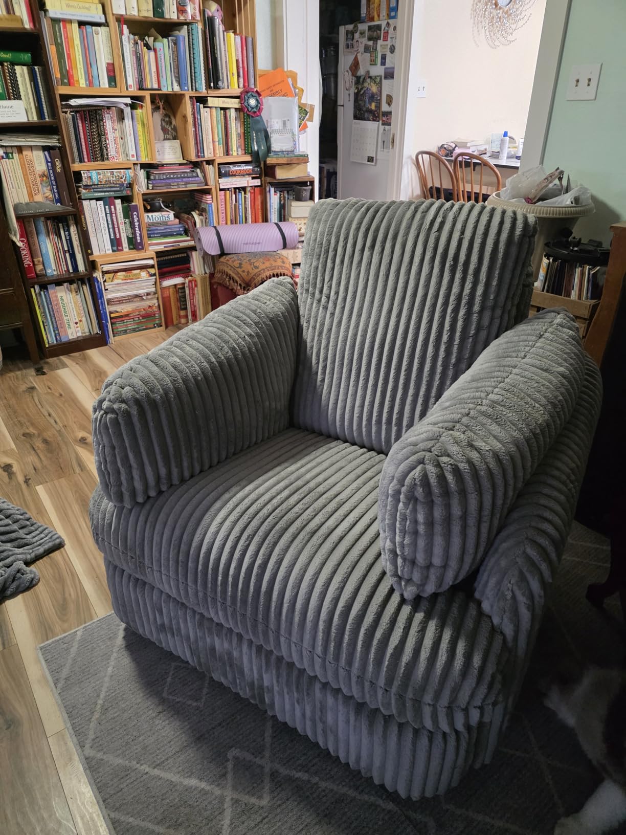Signature Design by Ashley Oversized Swivel Glider Recliner, Ivory | Hidden armrest storage, Soft polyester cord, Smooth 360-degree rotation, Rocking chair motion, Tie-Breaker Series customer photo 2