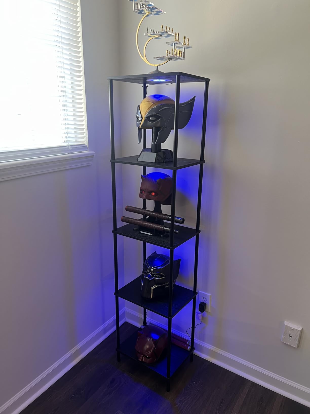 Display Shelf with RGBW Light, Color Changing Curio Cabinet Floor Lamp with Shelves Corner Standing Column Lamp Etagere Organizer Tower Nightstand Bookcase for Living Room Bedroom Office Décor Black customer photo 2