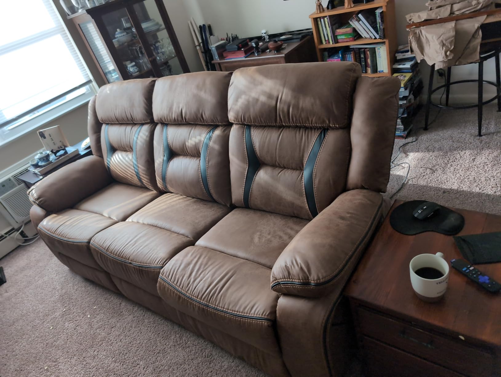 EBELLO Faux Leather Manual Loveseat Recliner, 2 Seat Reclining Sofa Chair with Center Console, Hidden Storage and Cup Holders, Daul Recliner for Living Room, Meeting Room, Brown (Loveseat) customer photo 2