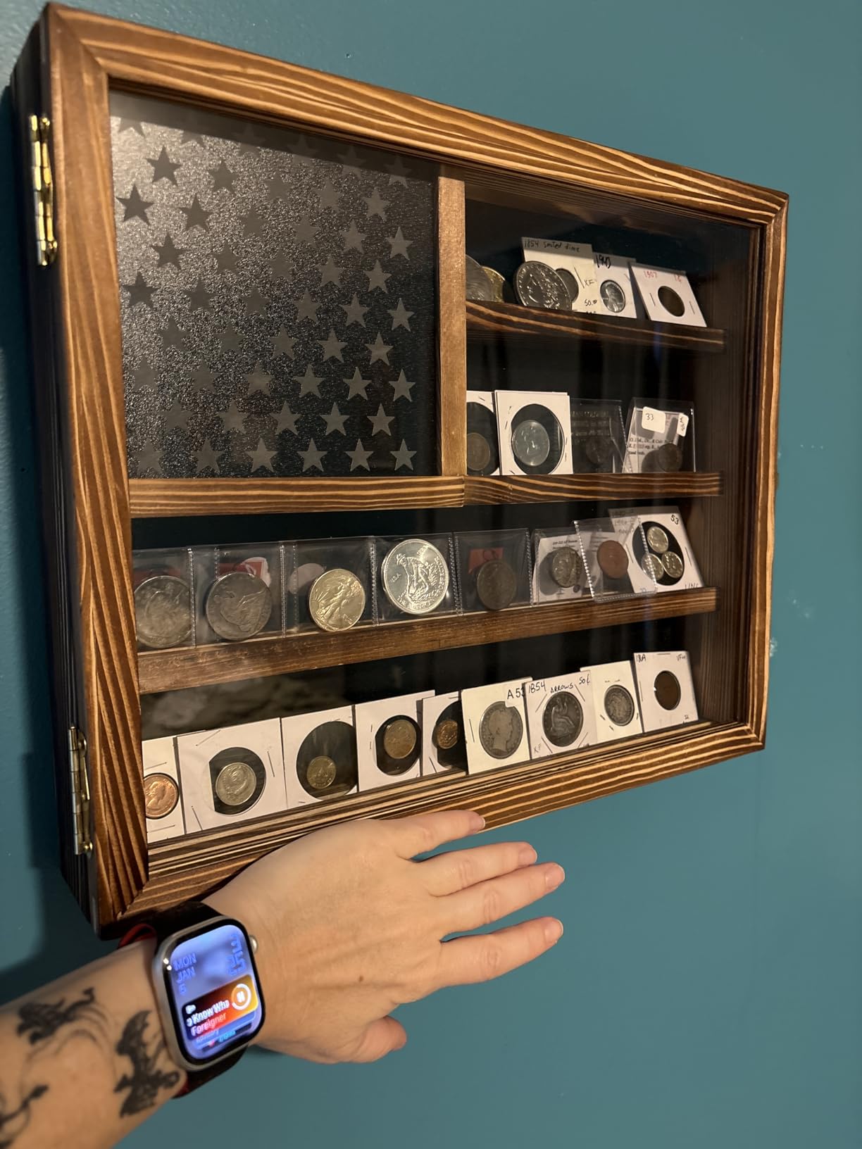 Challenge Coin Display Case, Lockable Military Coin Holder Cabinet | Removable Star Board & HD Tempered Glass Door, Solid Wood Wall Mount Coins Collection Rack Stand, Charcoal Brown customer photo 1