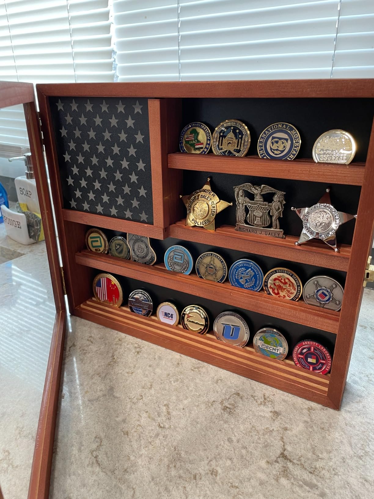 Challenge Coin Display Case, Lockable Military Coin Holder Cabinet | Removable Star Board & HD Tempered Glass Door, Solid Wood Wall Mount Coins Collection Rack Stand, Charcoal Brown customer photo 2