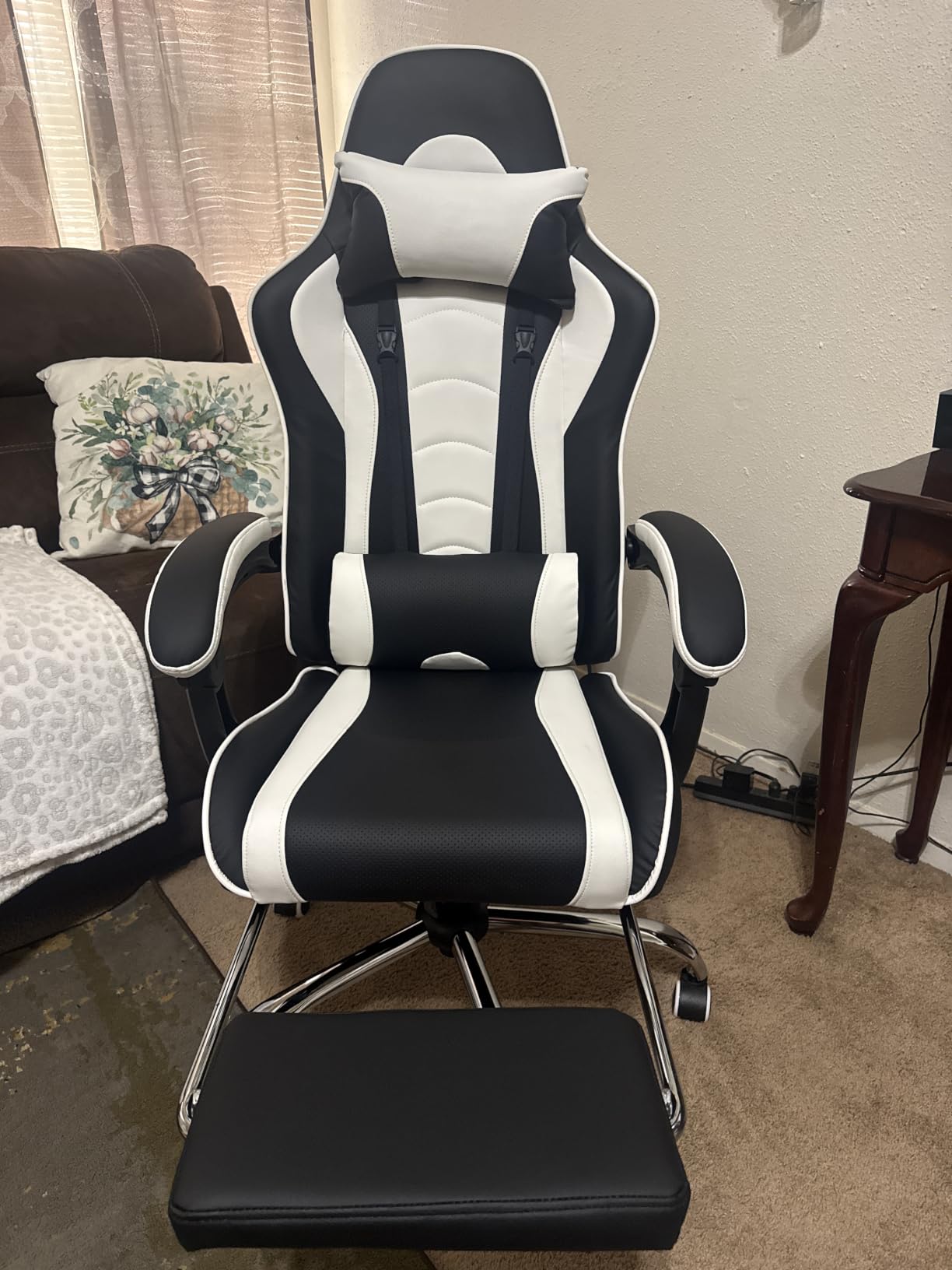Yaheetech Gaming Chair with Footrest Massage Lumbar Pillow Black and Red | Foam-padded PU leather racing seat and plush headrest recline with a slide-out footrest; metal frame supports up to 300 lb. customer photo 1