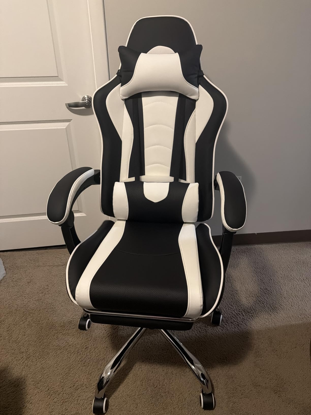 Yaheetech Gaming Chair with Footrest Massage Lumbar Pillow Black and White | Foam-padded PU leather racing seat and plush headrest recline with a slide-out footrest; metal frame supports up to 300 lb. customer photo 1
