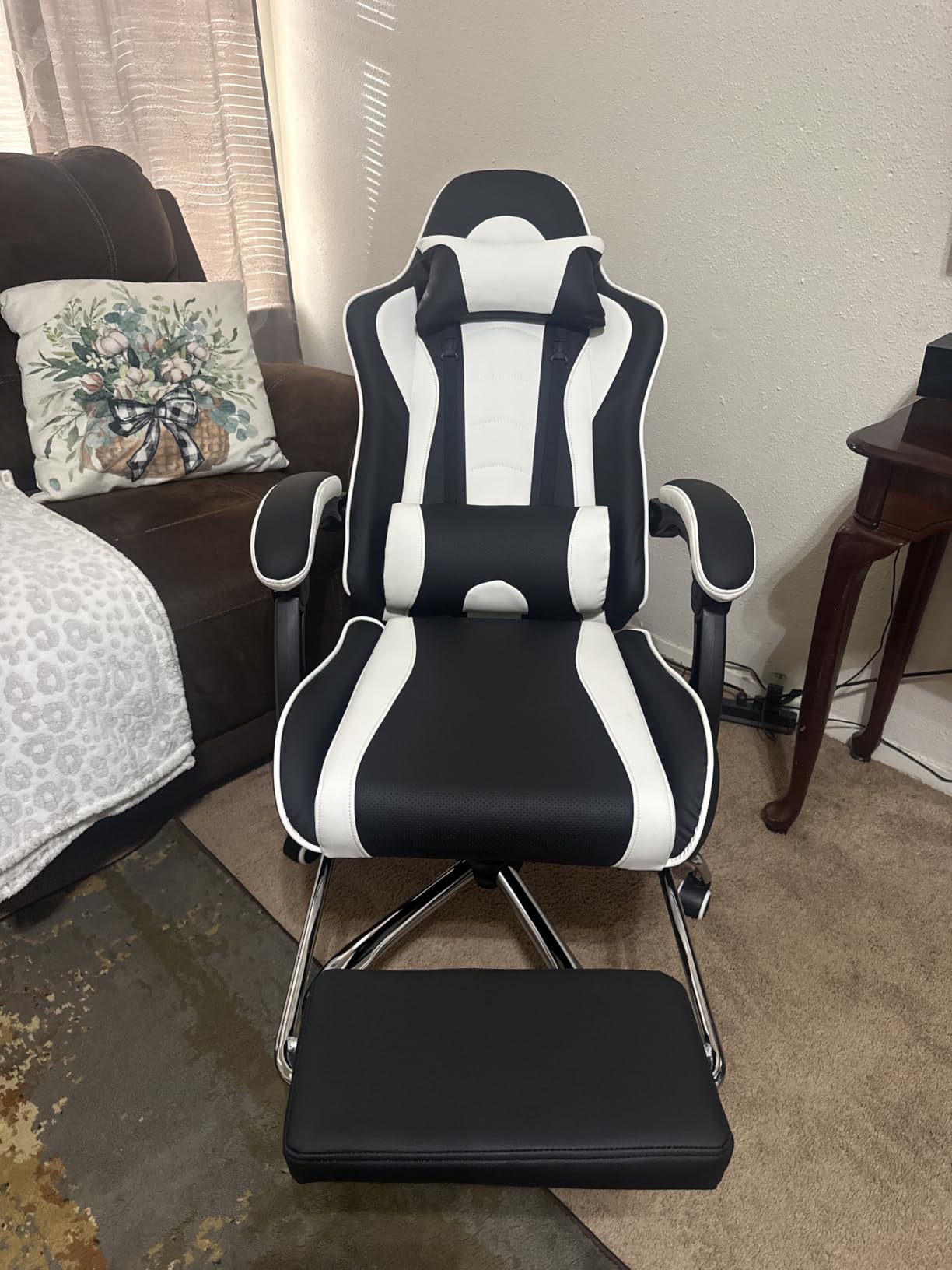 Yaheetech Gaming Chair with Footrest Massage Lumbar Pillow Black and White | Foam-padded PU leather racing seat and plush headrest recline with a slide-out footrest; metal frame supports up to 300 lb. customer photo 2