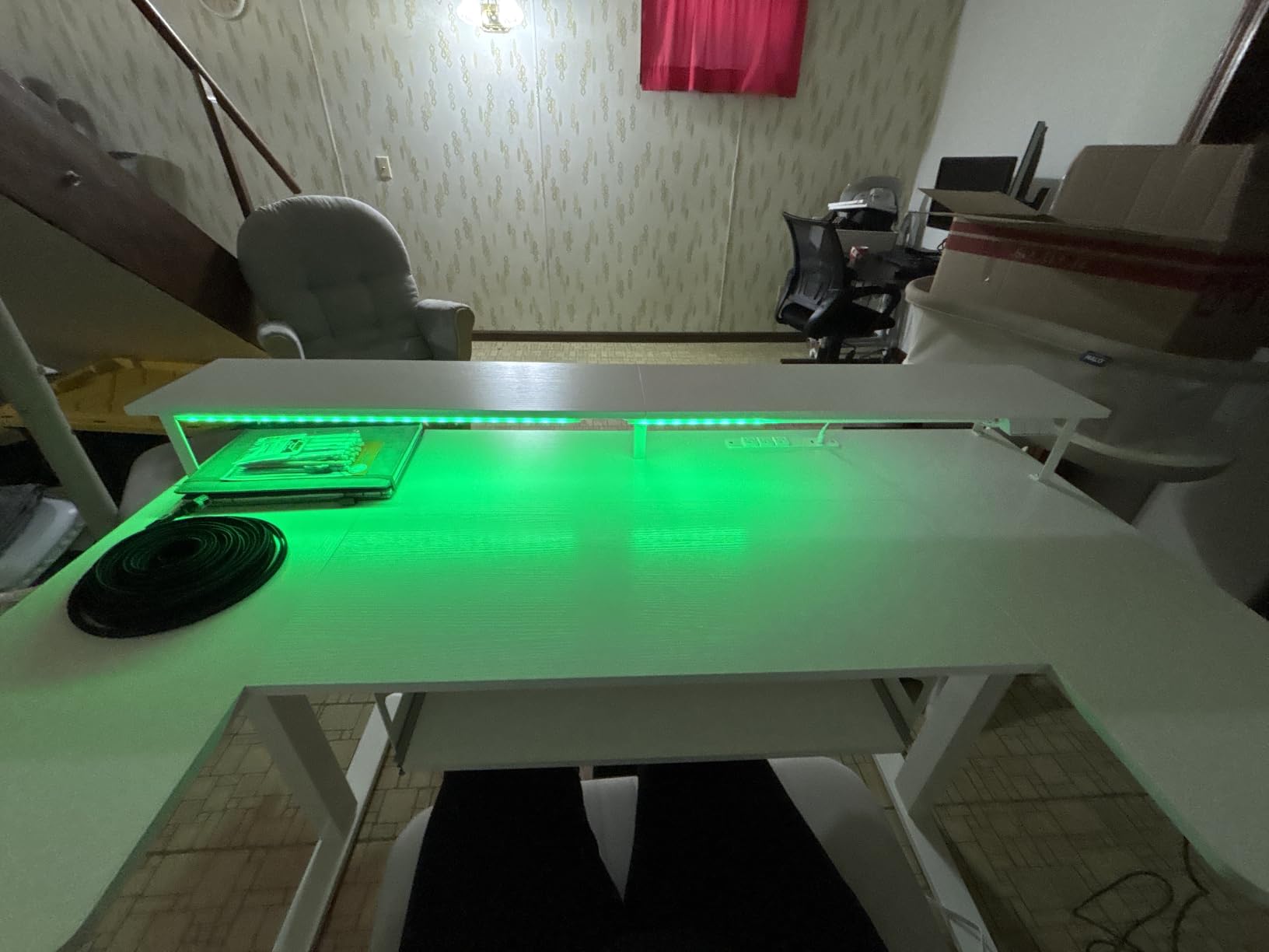 OffiGo 55 Inch U Shaped Electric Standing Desk with Keyboard Tray, White | Power Outlet, Dual-Monitor Stand, LED Light, 3 Presets, 28.3