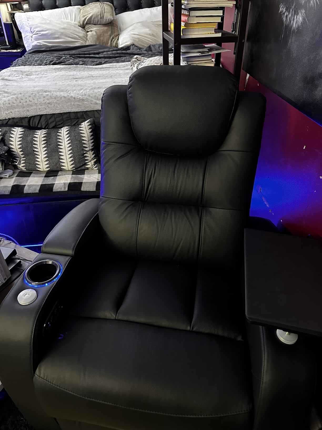 comfiroom Home Theater Seating, Top-Grain Leather Power Recliner Chair | Simple Style Black Dual Power Electric Headrest Movie Theater Chairs Gaming Sofa with Tray Table, Row of 1 customer photo 2