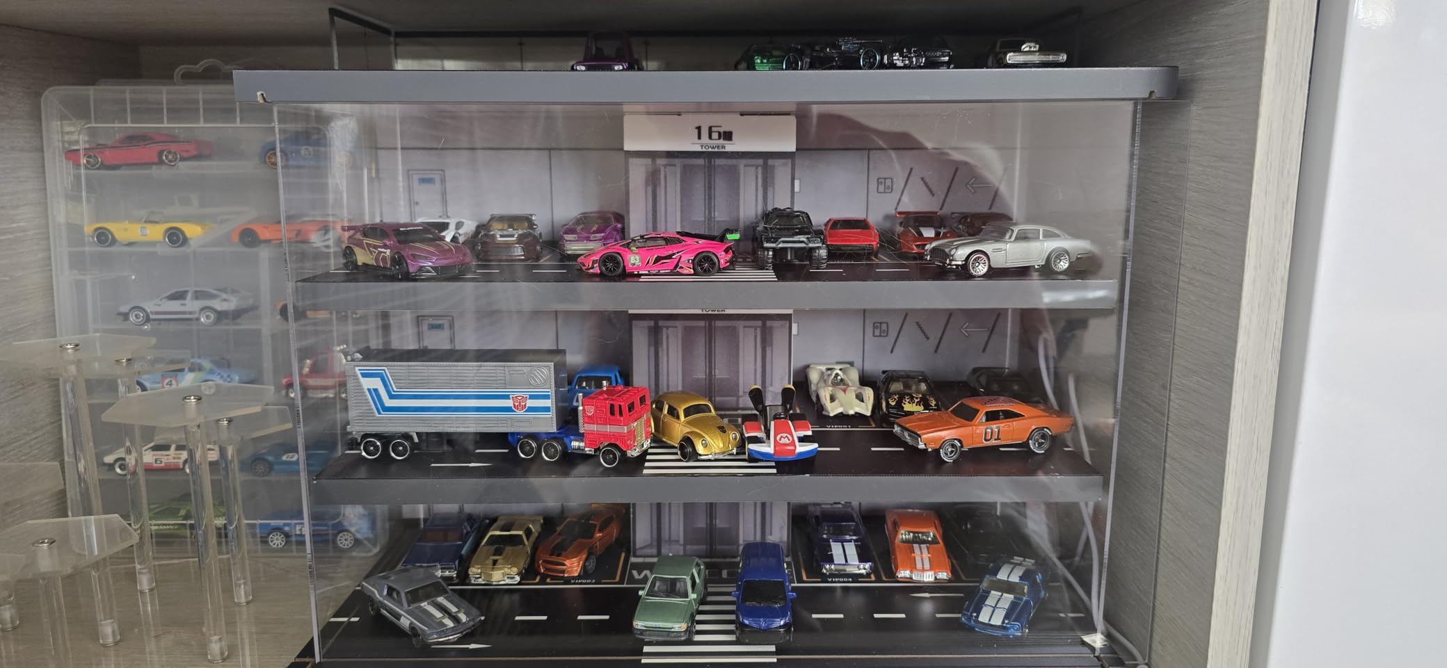 Display Case for Hot Wheels & Matchbox Cars with LED Light, Toy Car Garage | Wood, Hold 50+ Cars, 1/64 Diecast Display, Dust Cover, Garage Diorama, Storage Case for Hot Wheels Car, Freestanding, Man Cave customer photo 1