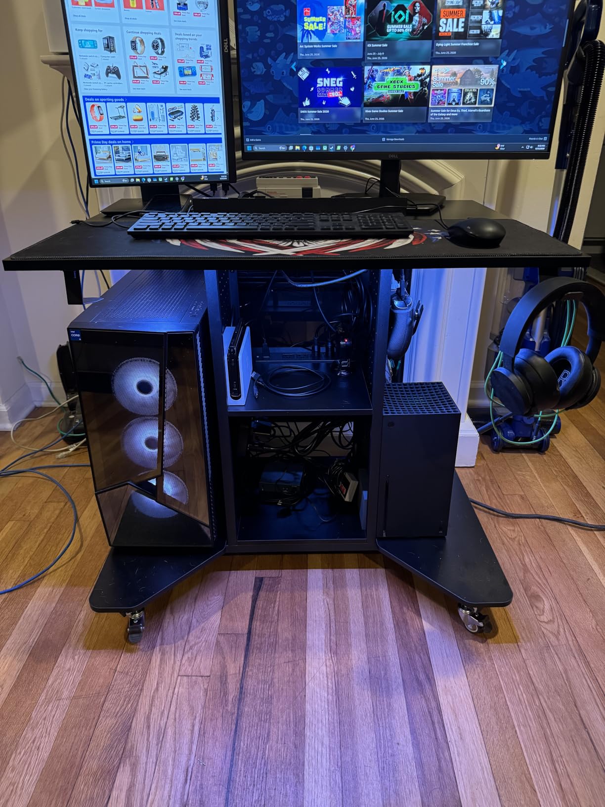 Pamray Small Gaming Desk Rolling Computer Table Black | Movable, with LED Lights Power Outlets, with Storage Pegboard and Hook, Sturdy, Suitable for Study Gaming Bedroom Dorm customer photo 1