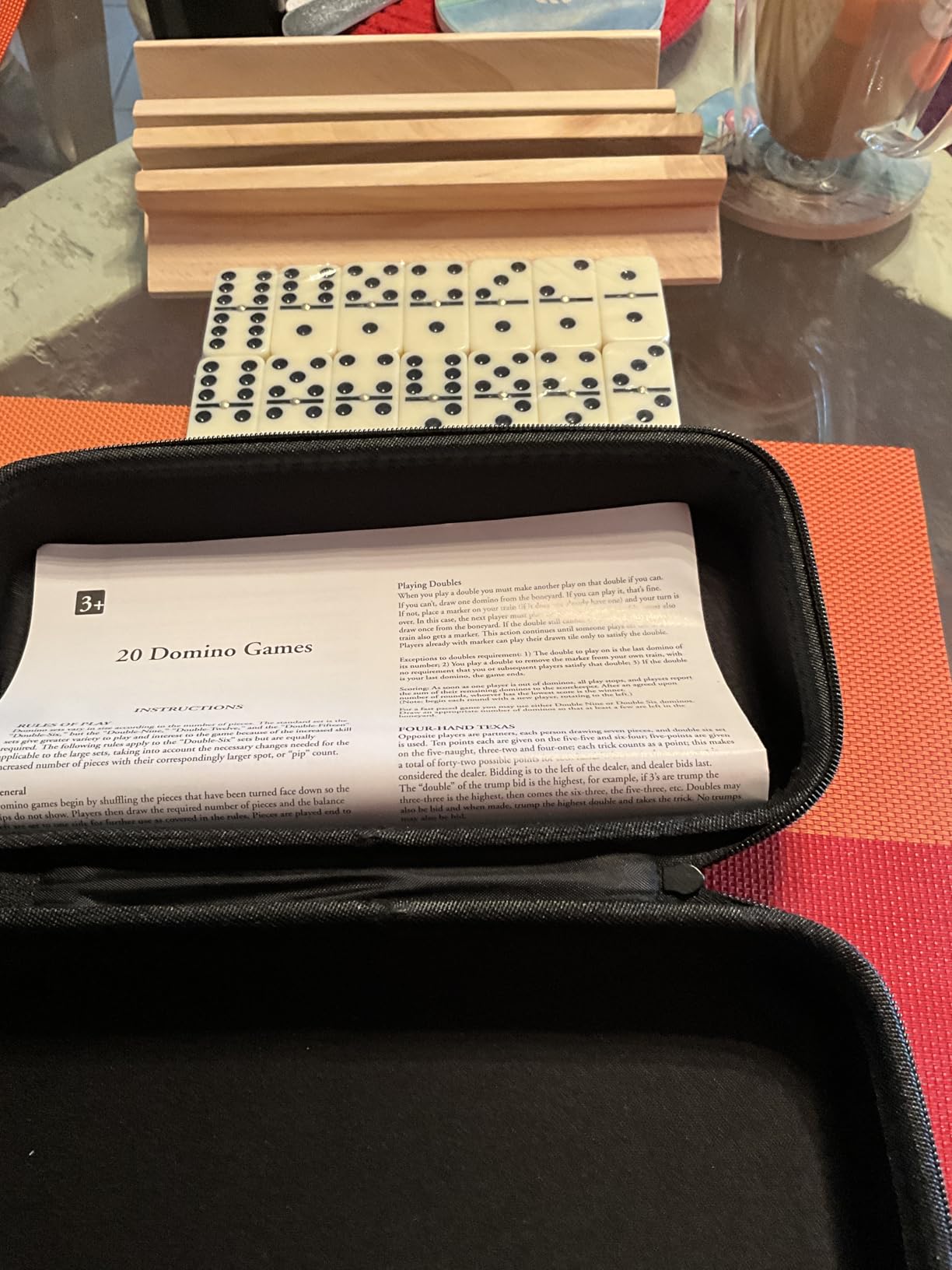 Double Six Dominos Set for Adults with Wooden Racks and Travel Case | 28 Tiles, 4 Anti Slip Tilted Trays, Zippered Handle Bag, Classic Dominoes Board Game, Family Game, Gift Ready customer photo 2