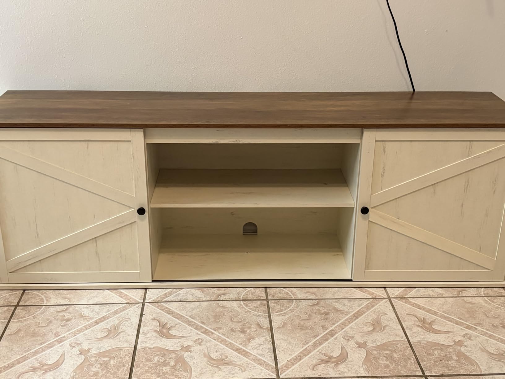 VASAGLE Farmhouse TV Stand for TVs up to 65 Inches, Entertainment Center with Storage Cabinets and Sliding Barn Doors, Media Console Table for Living Room, Rustic White and Honey Brown ULTV535W01 customer photo 1