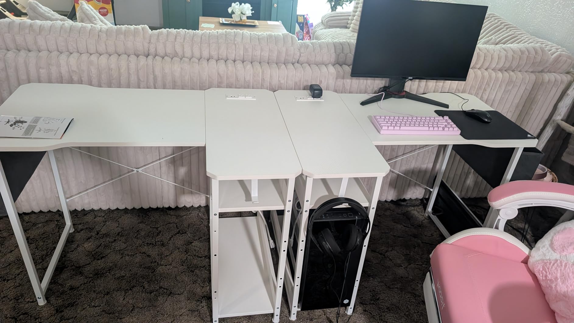 L Shaped Gaming Desk 40 Inch - Computer Corner Desk with Power Outlets, Reversible Shelves & Storage Bag for Home Office, PC Gaming Table, Black Carbon customer photo 1