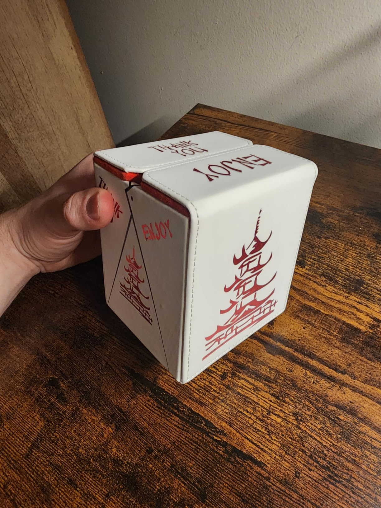 SleeveChief - ORIGINAL China To Go! fits 100 double Sleeved Cards | Original design, vegan leather & Holo Design | MTG commander deck box & for ALL other trading card games customer photo 1