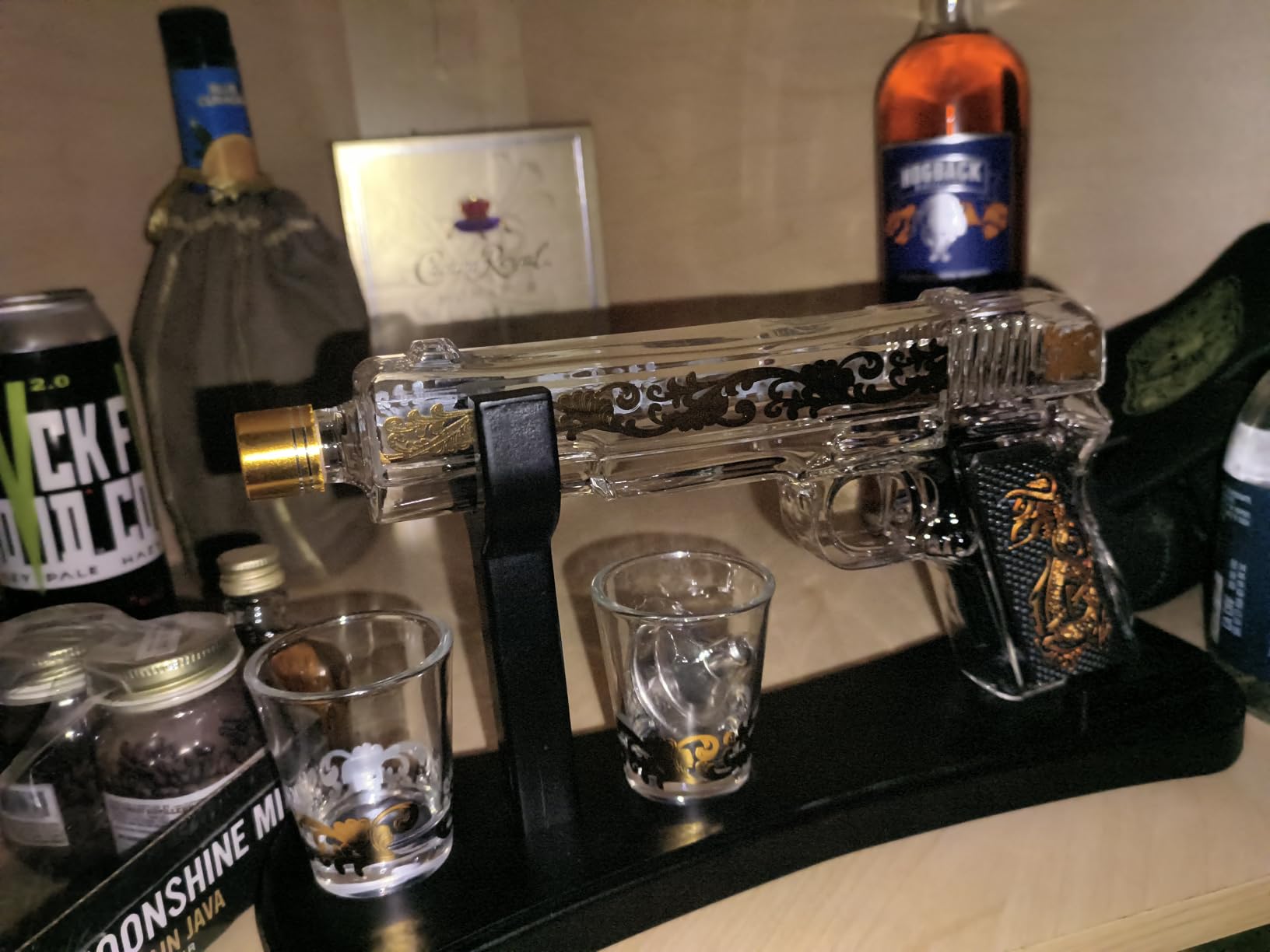 Handcrafted Gun Whiskey Decanter Set - Luxury Lead-Free Glass, Unique Non-Alcoholic Gift for Men, Husbands & Bourbon Lovers, Man Cave & Home Bar Decor with 2 Glasses by VYLPM customer photo 2