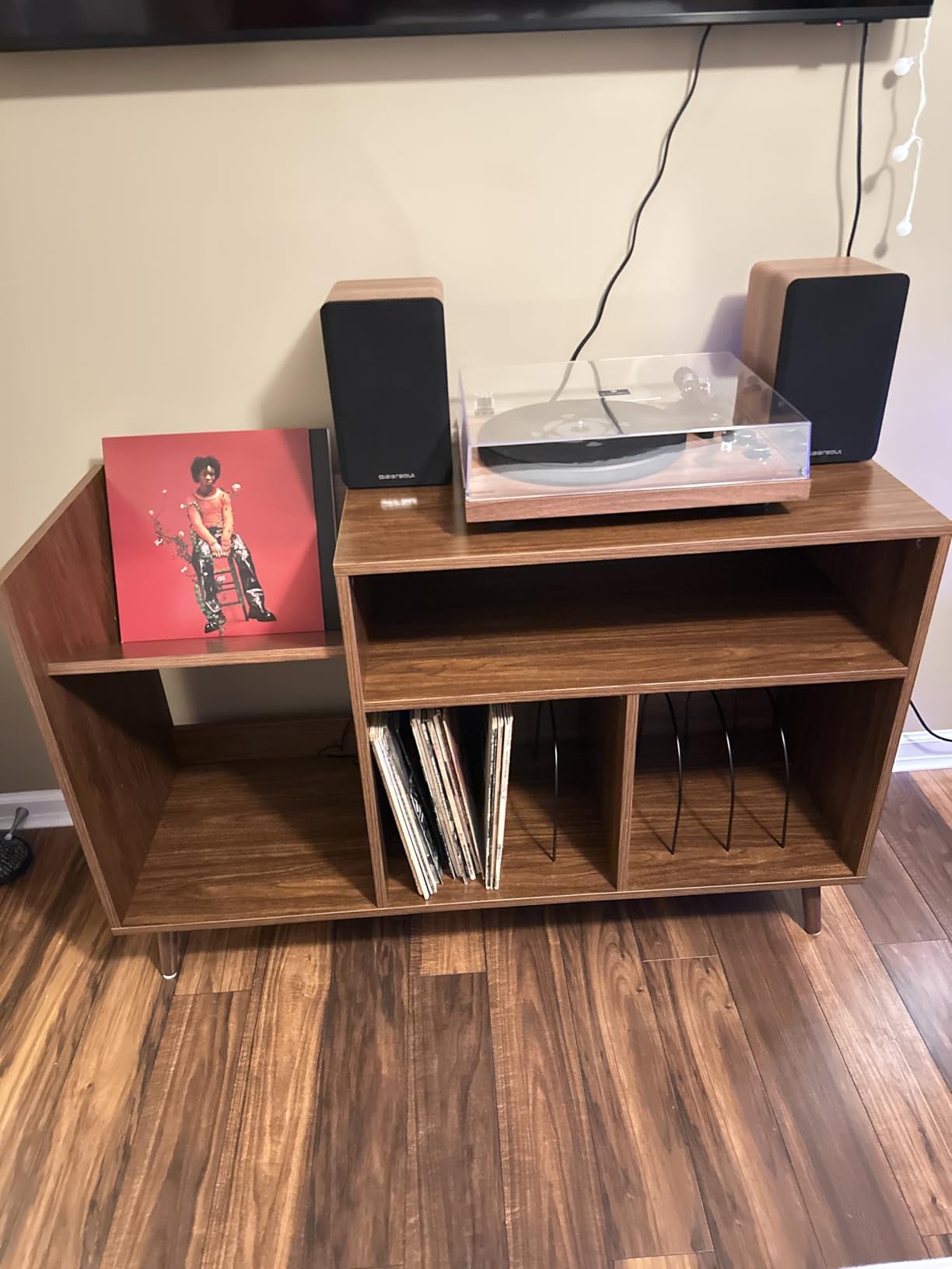 RARZOE Large Record Player Stand for Living Room, Walnut | Mid Century Vinyl Record Display Stand customer photo 2