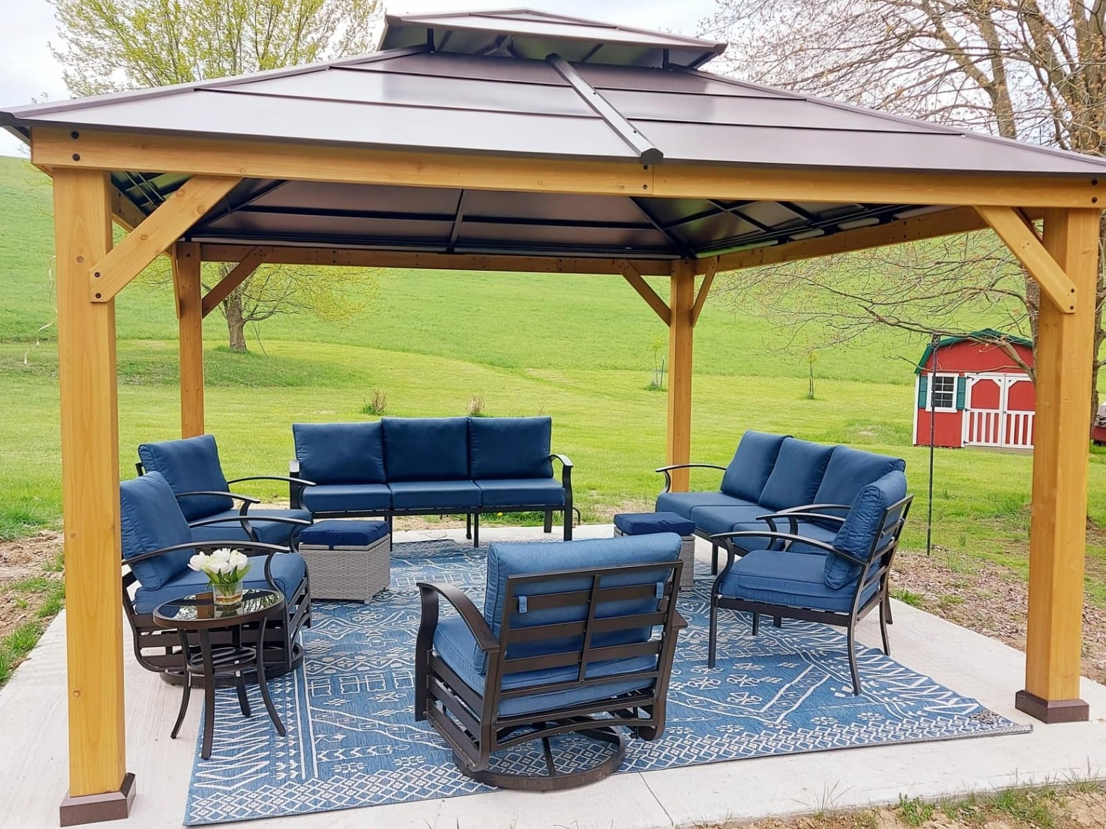 Kullavik Aluminum Outdoor Patio Furniture Set with 5.1'' Thick Cushions | 5 Pieces Patio Conversation Set with 55,000 BTU Fire Pit Table, 3-Seat Sofa, Swivel Rocking Chairs for Porch, Deck, Grey customer photo 2
