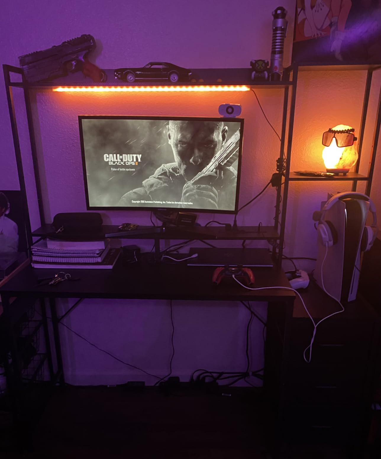 Casaottima 48 Inch Gaming Desk with Shelves & Hutch & 3 Drawers & LED Light | Reversible PC Desk with Tower Stand & Power Outlets, Computer Desk for Home Office, Carbon Fiber Black customer photo 1
