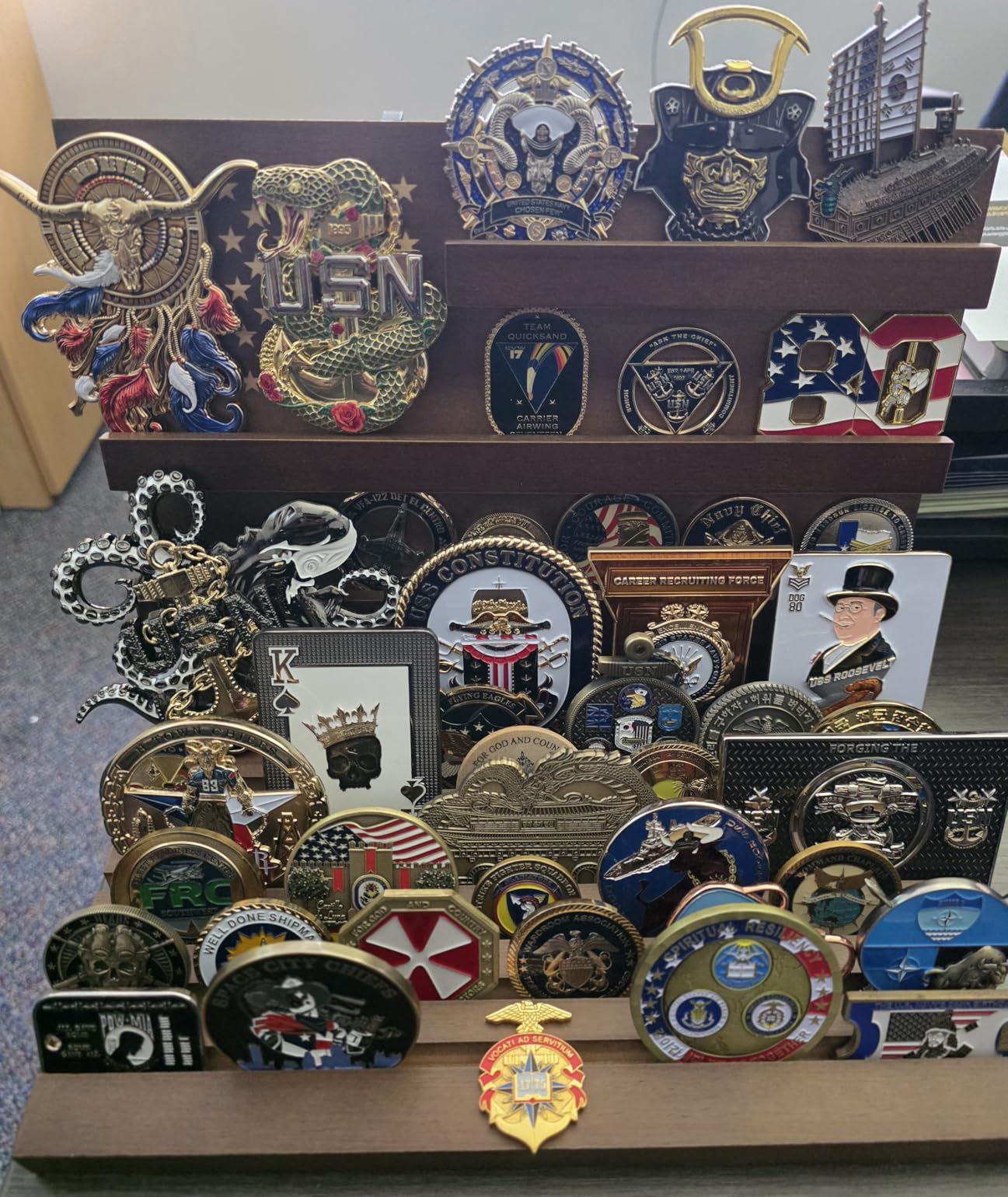 Challenge Coin Display, Walnut Military Coin Holder Tabletop Case | Large Slotted Stand Hold 80 Multi Coins 3+8 Racks Solid Wood Gift for Navy Army Police Veterans Collection Desktop Decorative customer photo 2