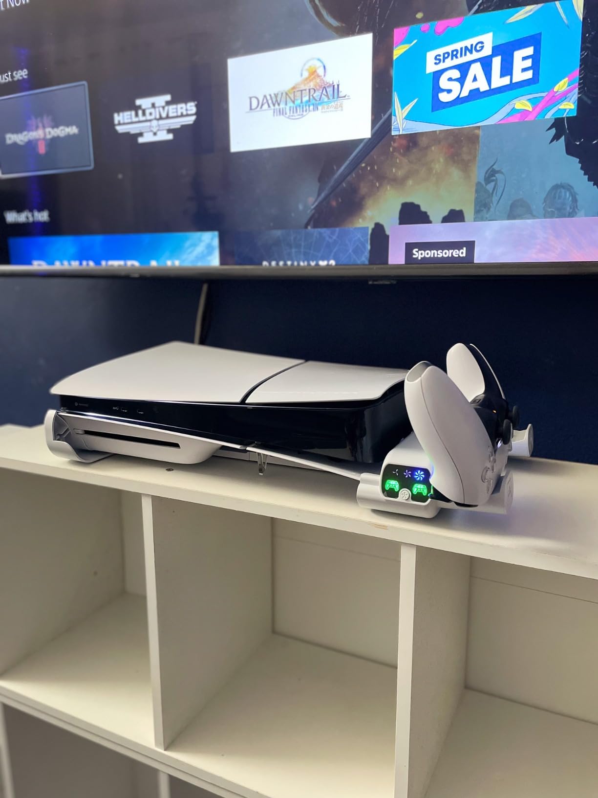 PS5/Slim/Pro Horizontal Stand with Cooling Fan & Charger for Original & Edge Controllers, Scalable Design PS5 Accessories Base with EVA Foams for All PS Five Disc & Digital, PS 5 Sideways Stand White customer photo 2