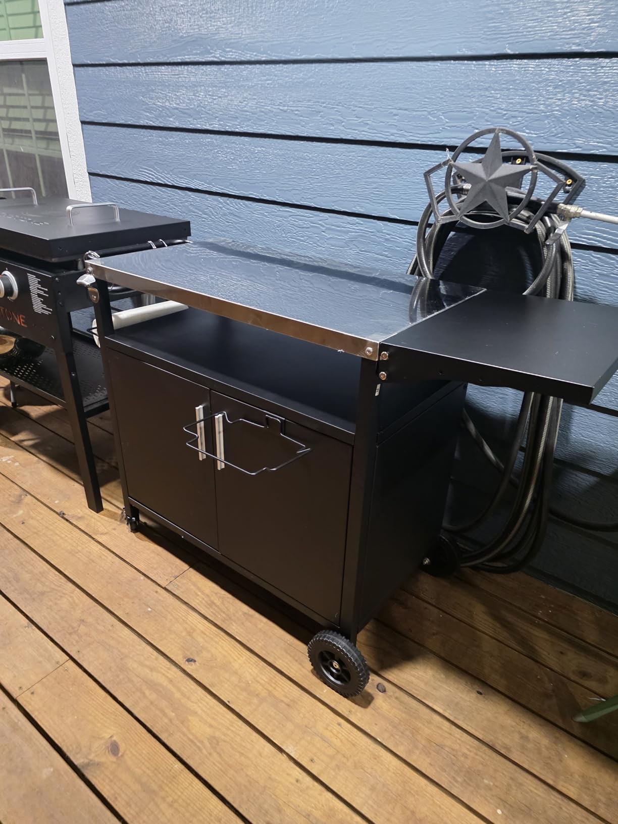 Vongrasig Outdoor Grill Cart, Patio Kitchen Island with Storage, Outdoor Bar Table BBQ Cart Pizza Oven Table with Foldable Stainless Steel Top & Wheels, Black customer photo 2